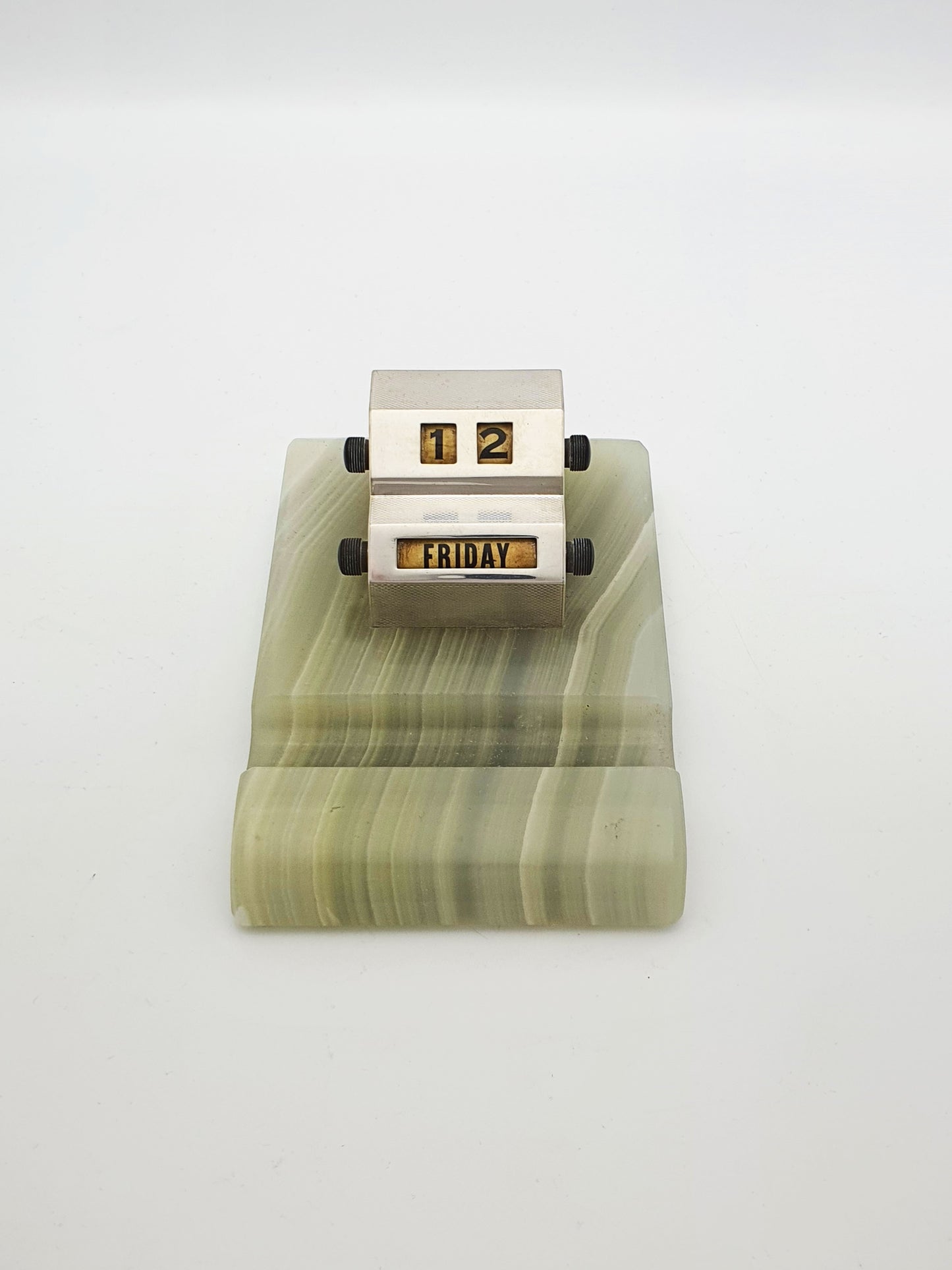 Nice Art Deco Sterling Silver Perpetual Desk Calendar with Green Onyx Base - 1948