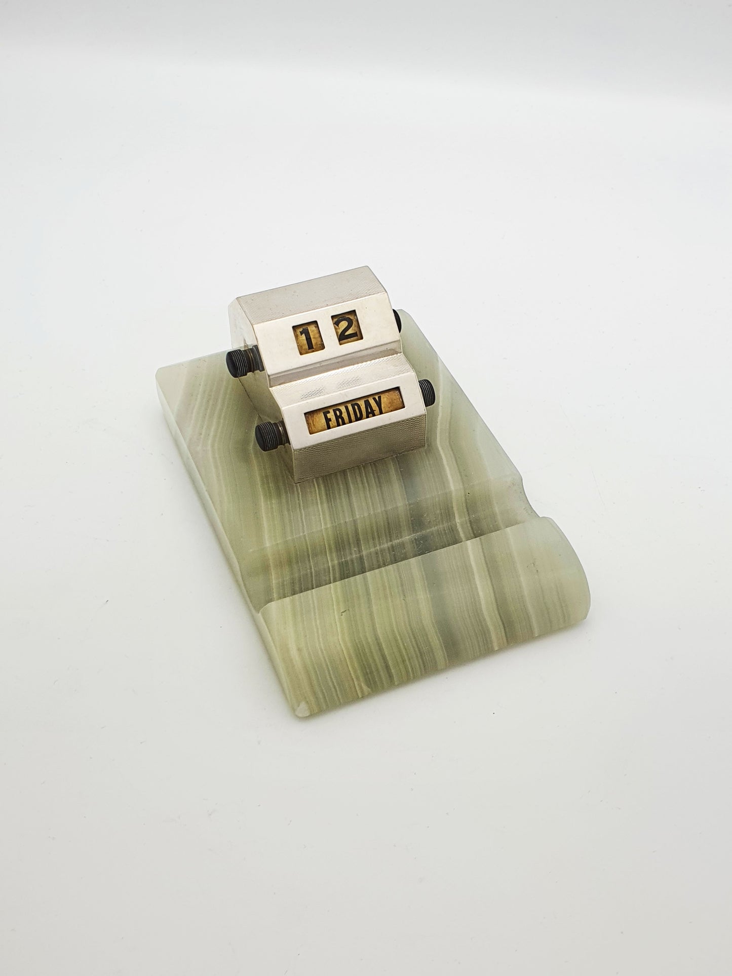 Nice Art Deco Sterling Silver Perpetual Desk Calendar with Green Onyx Base - 1948