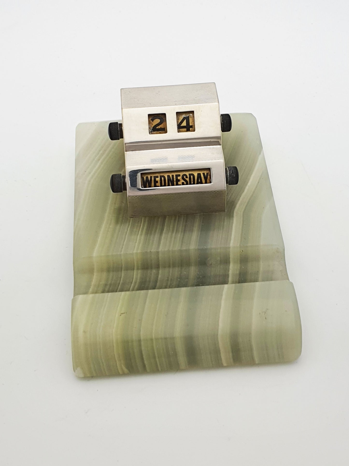 Nice Art Deco Sterling Silver Perpetual Desk Calendar with Green Onyx Base - 1948