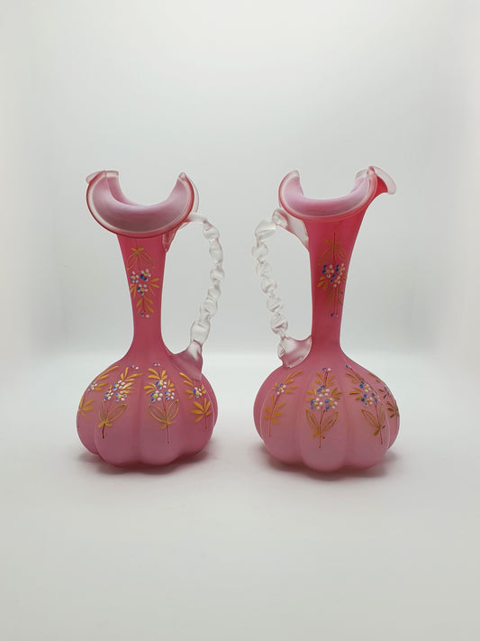 Pair of Victorian Pink Satin Glass Ewers with Enamel Floral Decoration – circa 1890