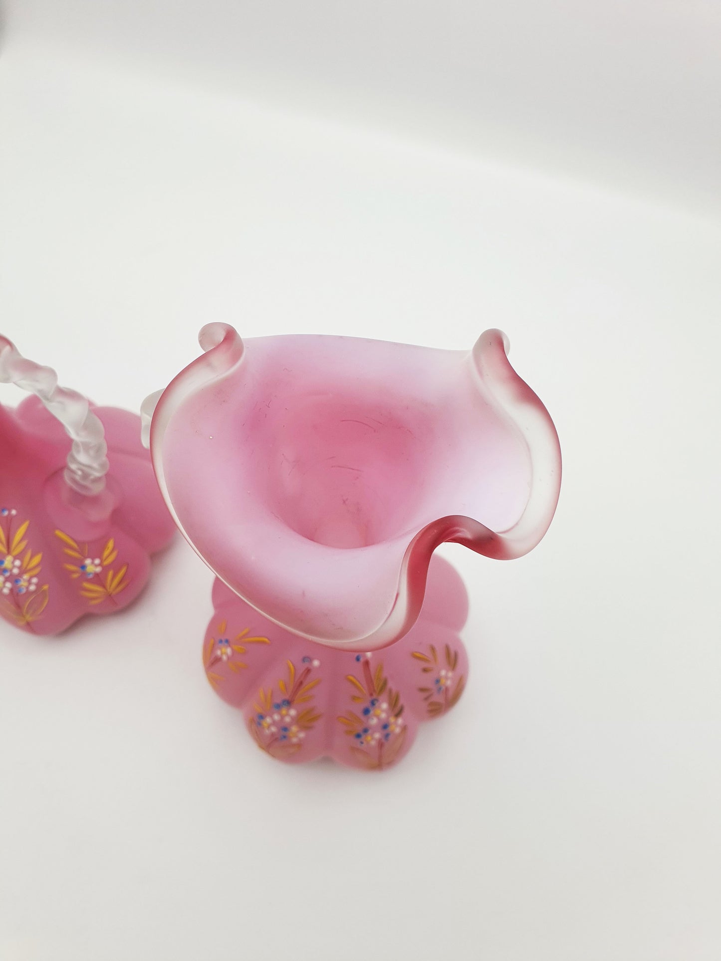 Pair of Victorian Pink Satin Glass Ewers with Enamel Floral Decoration – circa 1890