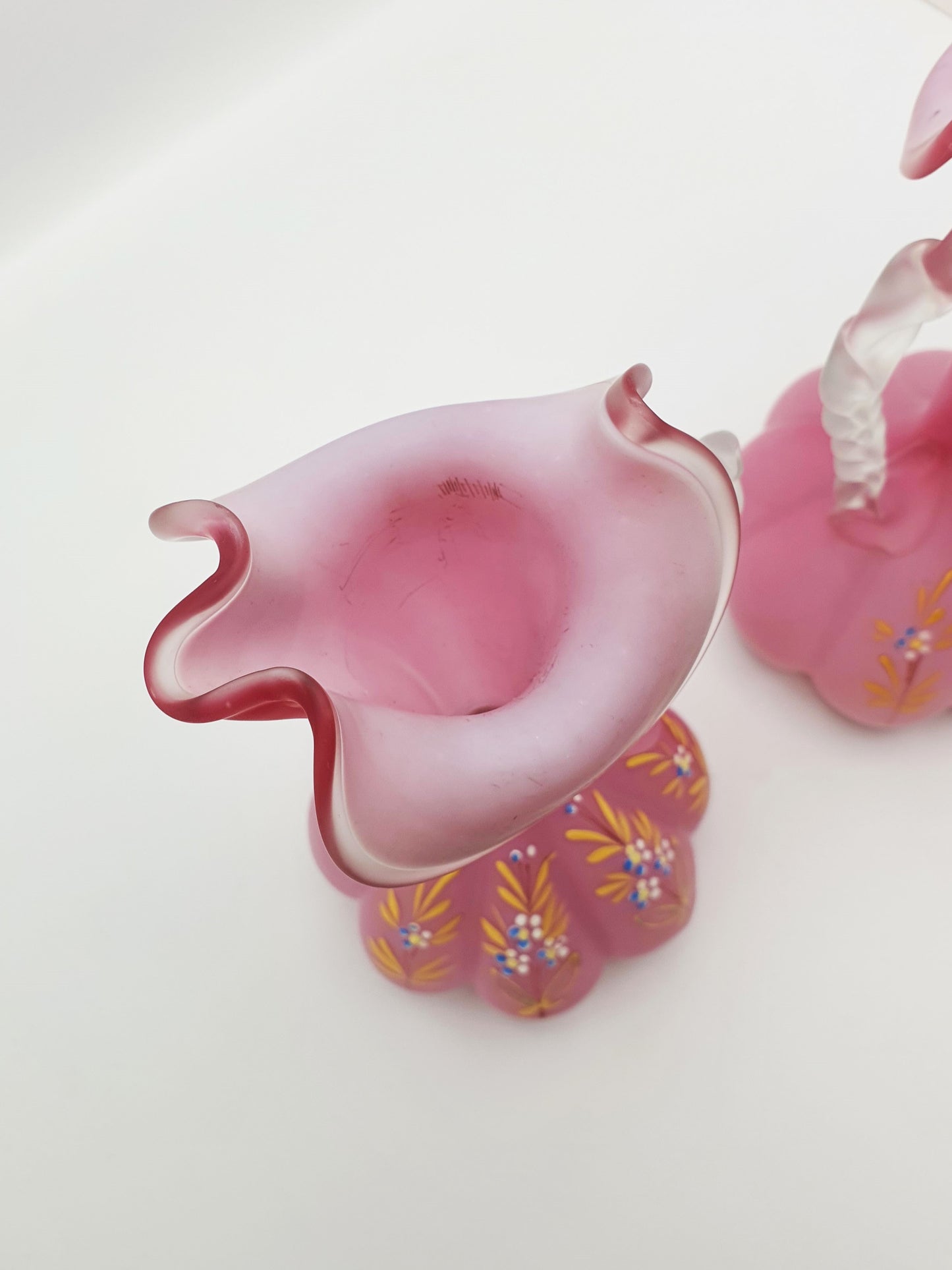 Pair of Victorian Pink Satin Glass Ewers with Enamel Floral Decoration – circa 1890