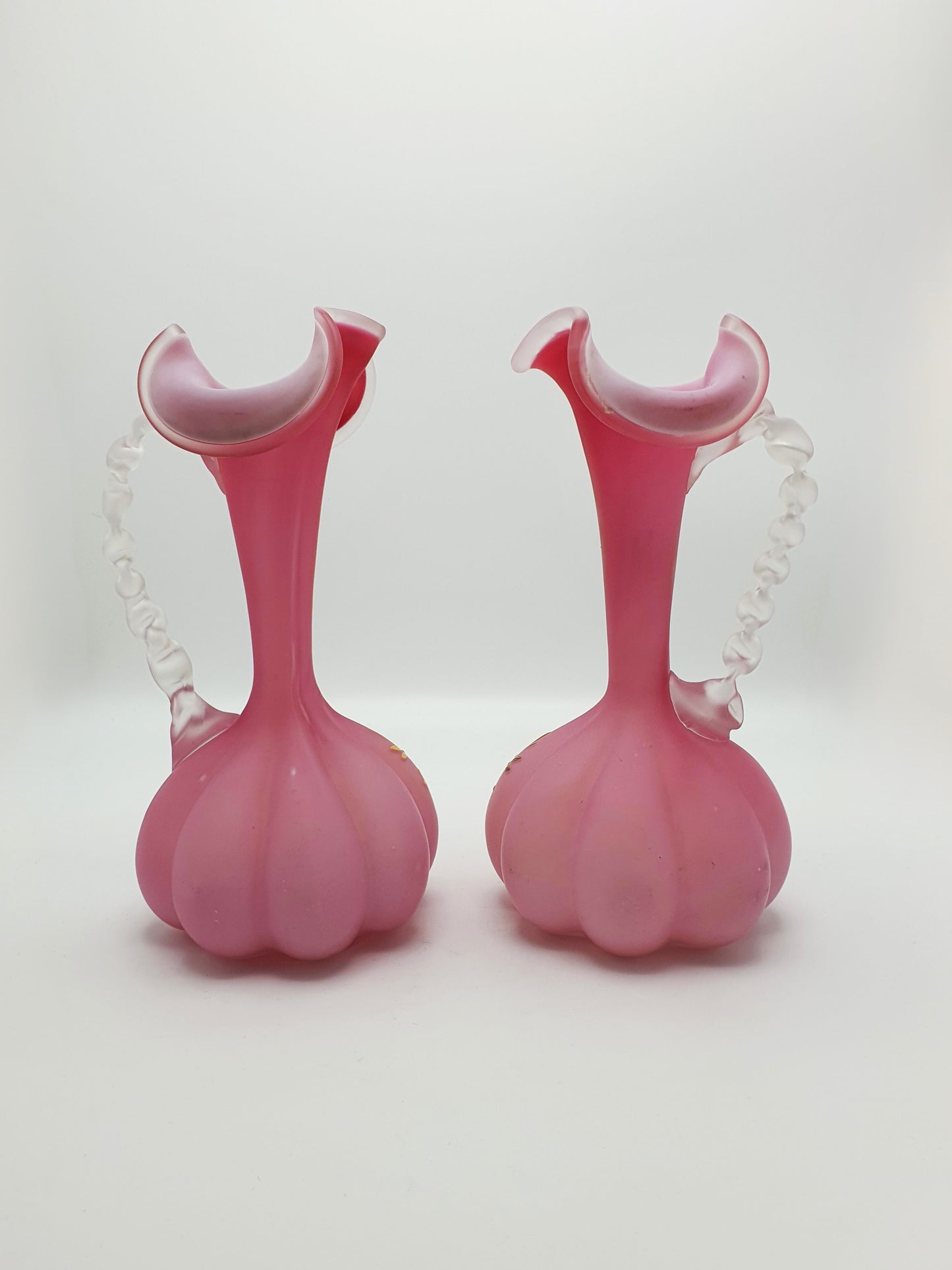 Pair of Victorian Pink Satin Glass Ewers with Enamel Floral Decoration – circa 1890