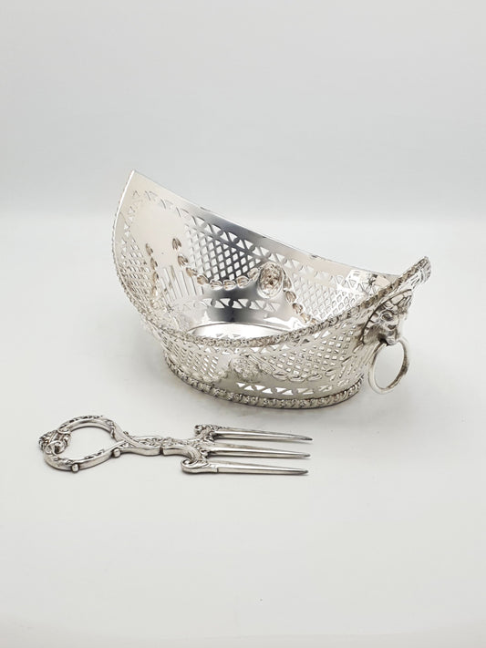 Elegant Antique Silver-Plate Lion Mask Bread Basket & Matching Fork - circa 1905