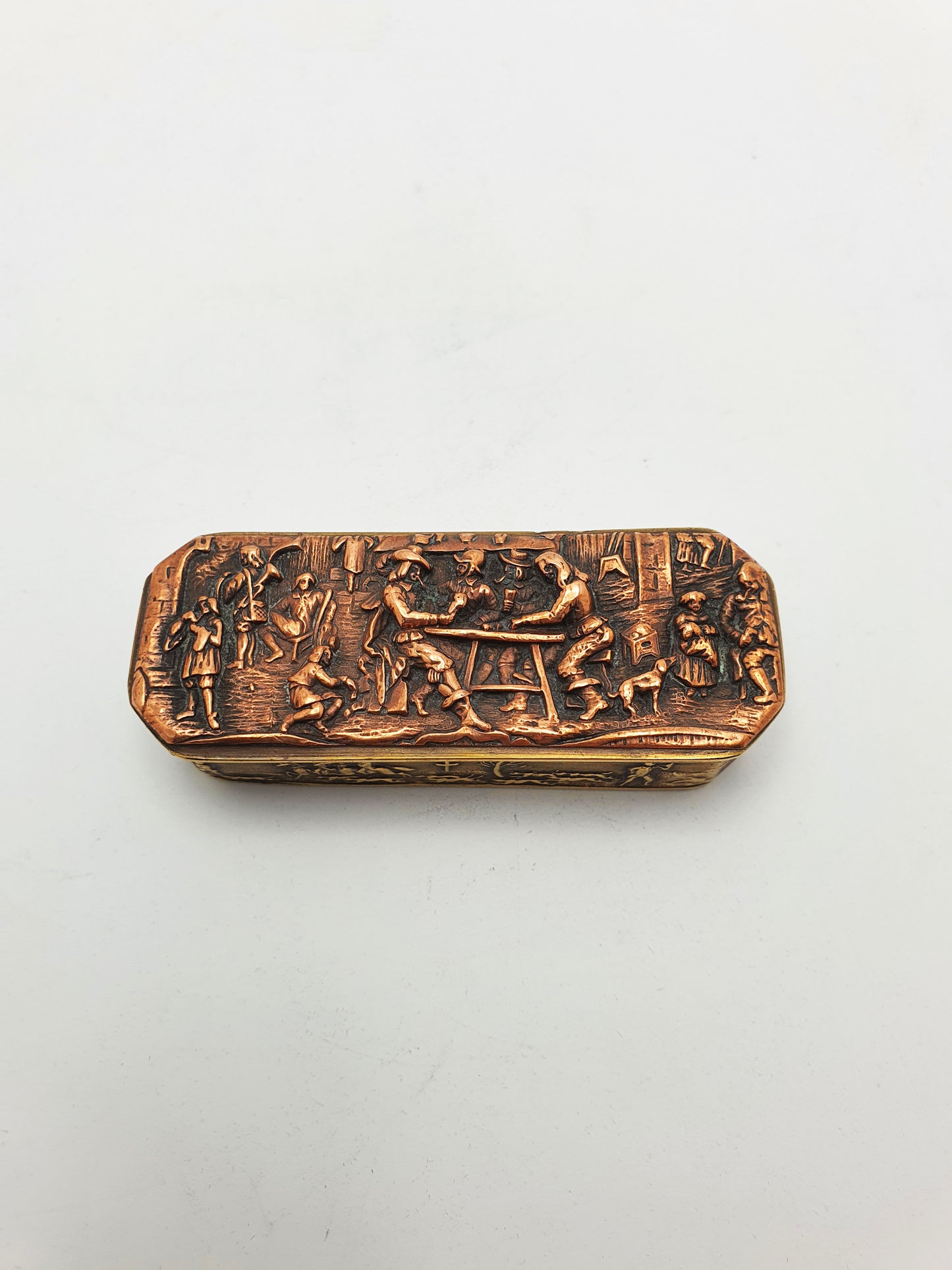 Antique Copper & Brass Vesta Case with Tavern & Hunting Scenes – circa 1880