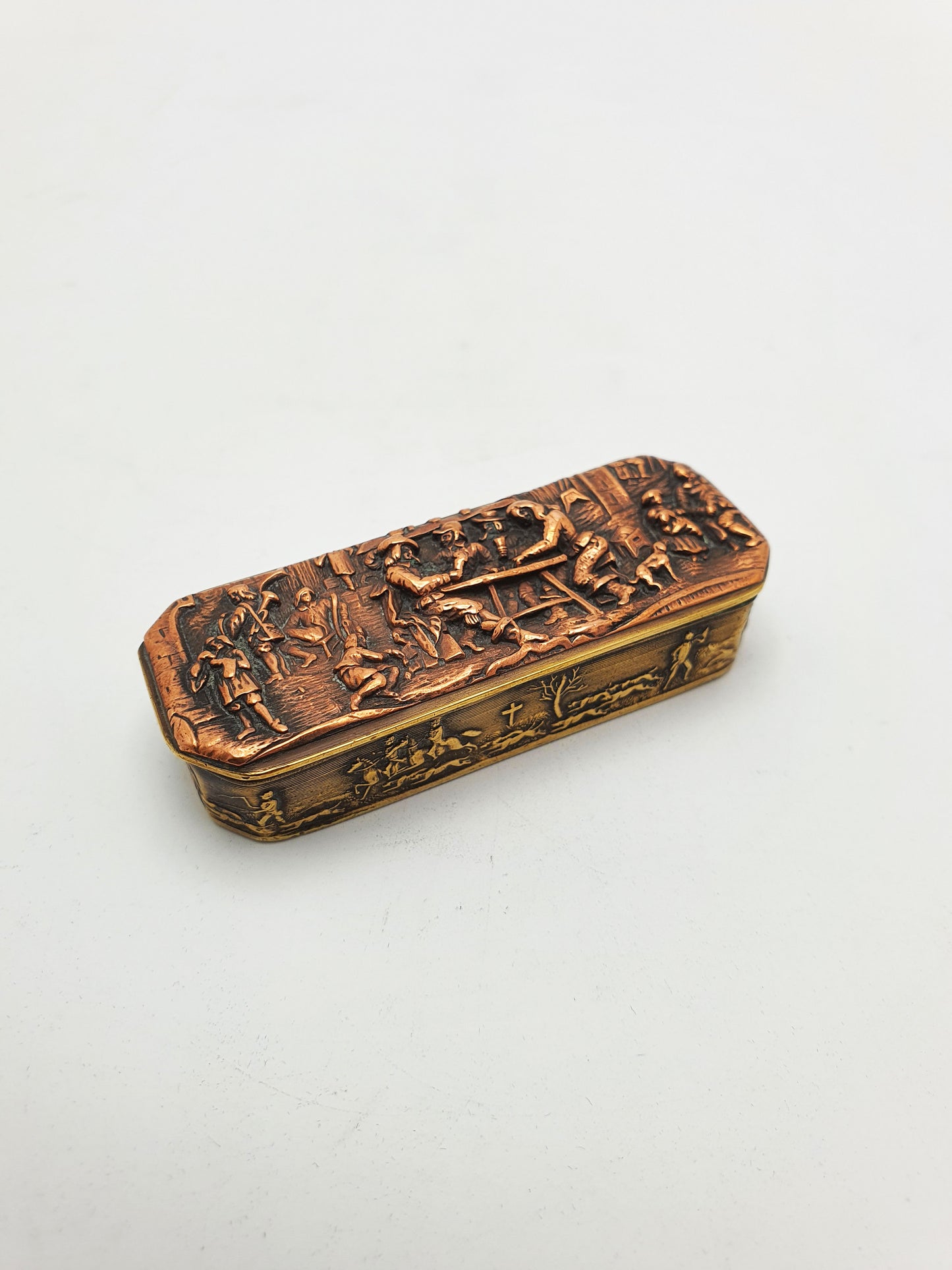 Antique Copper & Brass Vesta Case with Tavern & Hunting Scenes – circa 1880