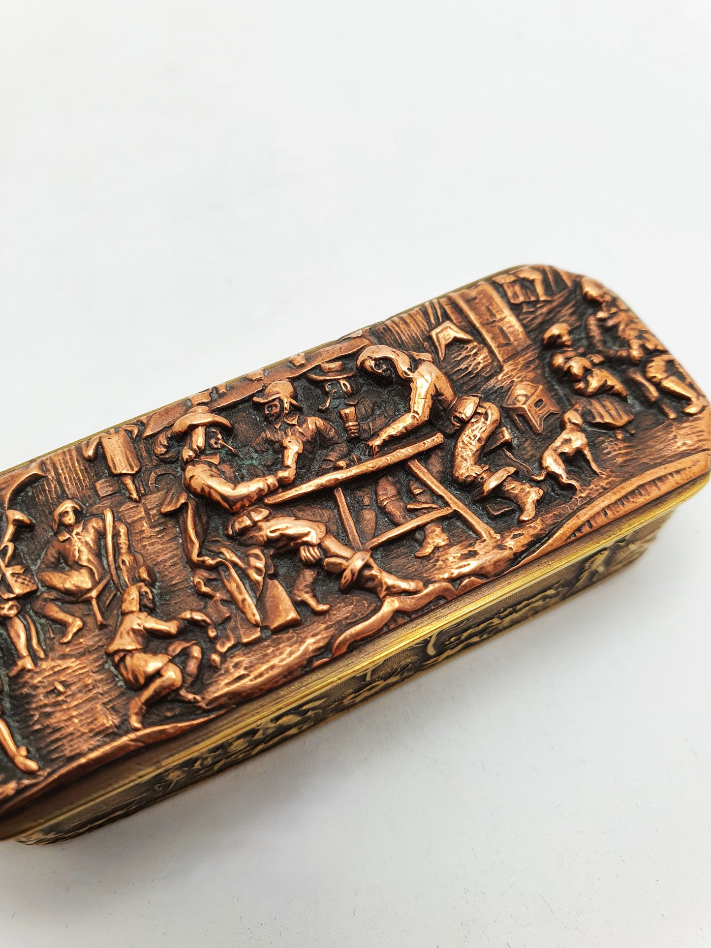 Antique Copper & Brass Vesta Case with Tavern & Hunting Scenes – circa 1880