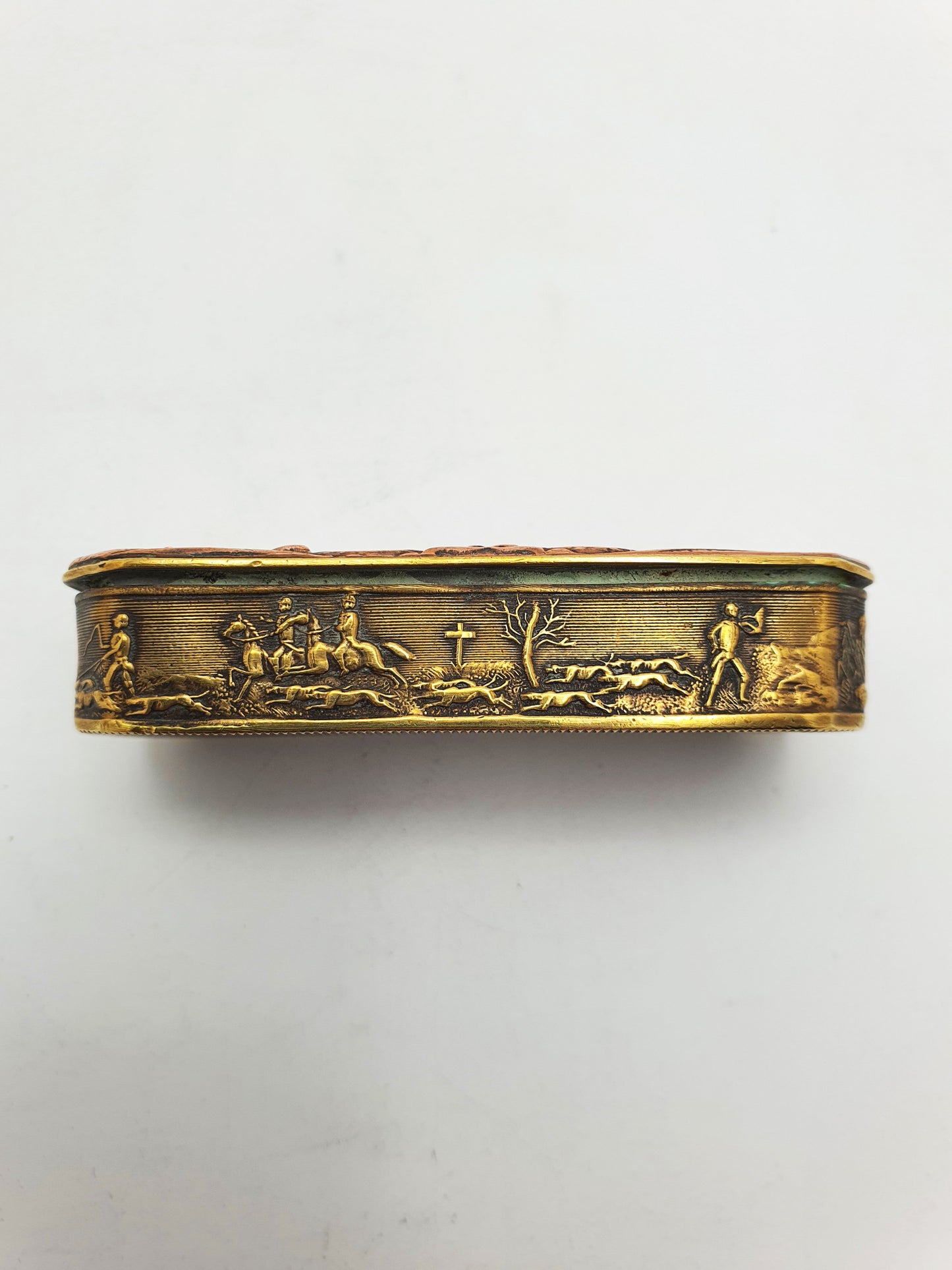 Antique Copper & Brass Vesta Case with Tavern & Hunting Scenes – circa 1880
