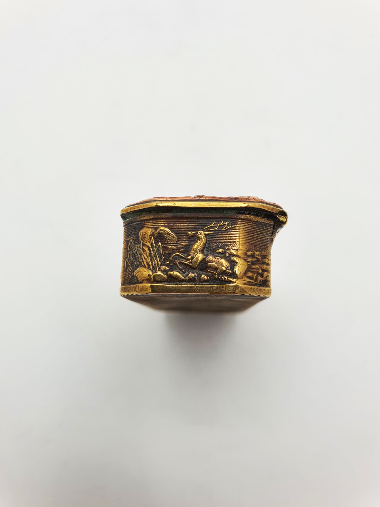 Antique Copper & Brass Vesta Case with Tavern & Hunting Scenes – circa 1880