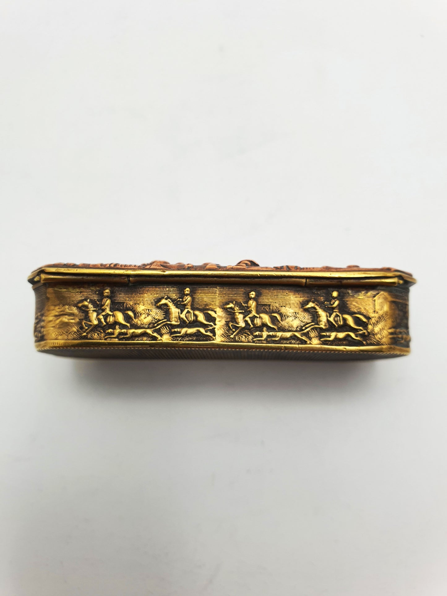 Antique Copper & Brass Vesta Case with Tavern & Hunting Scenes – circa 1880