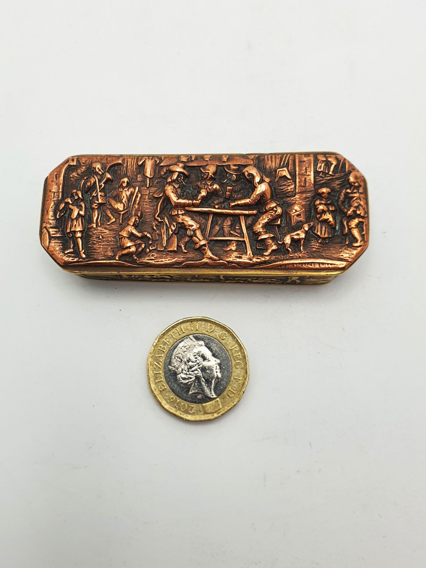 Antique Copper & Brass Vesta Case with Tavern & Hunting Scenes – circa 1880