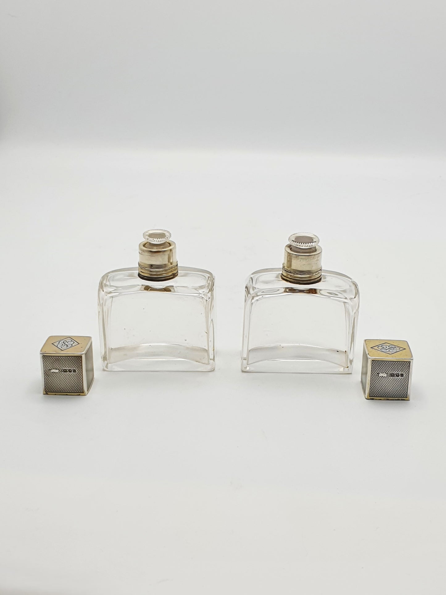 Stunning Pair of Art Deco Sterling Silver & Glass Perfume Bottles – London, 1934