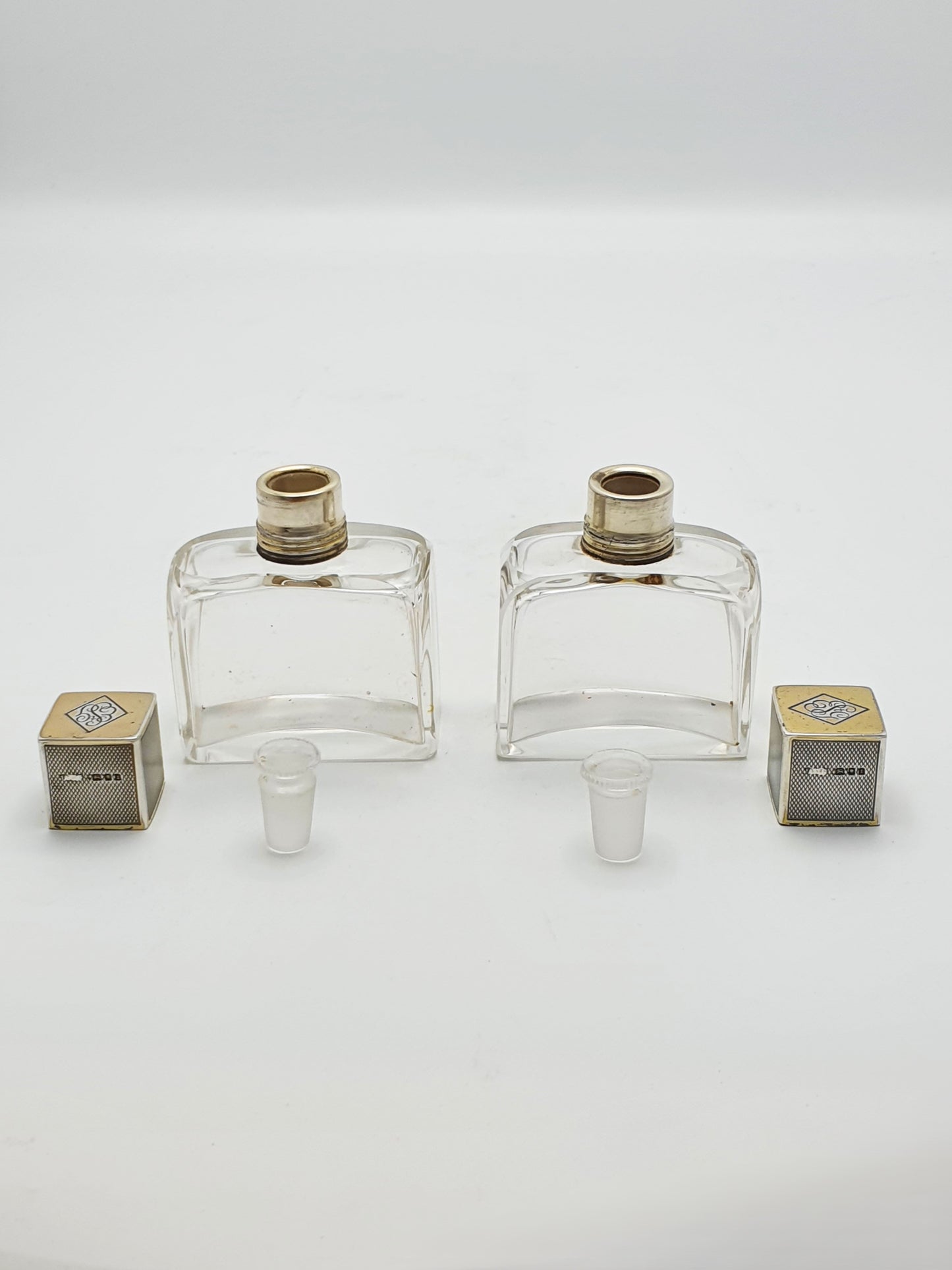 Stunning Pair of Art Deco Sterling Silver & Glass Perfume Bottles – London, 1934
