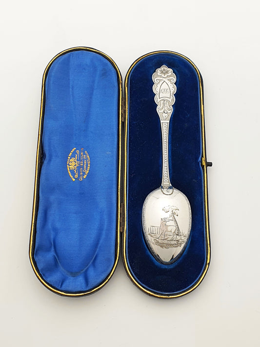 Nice Antique Victorian Silver Stag Presentation Spoon - 1877