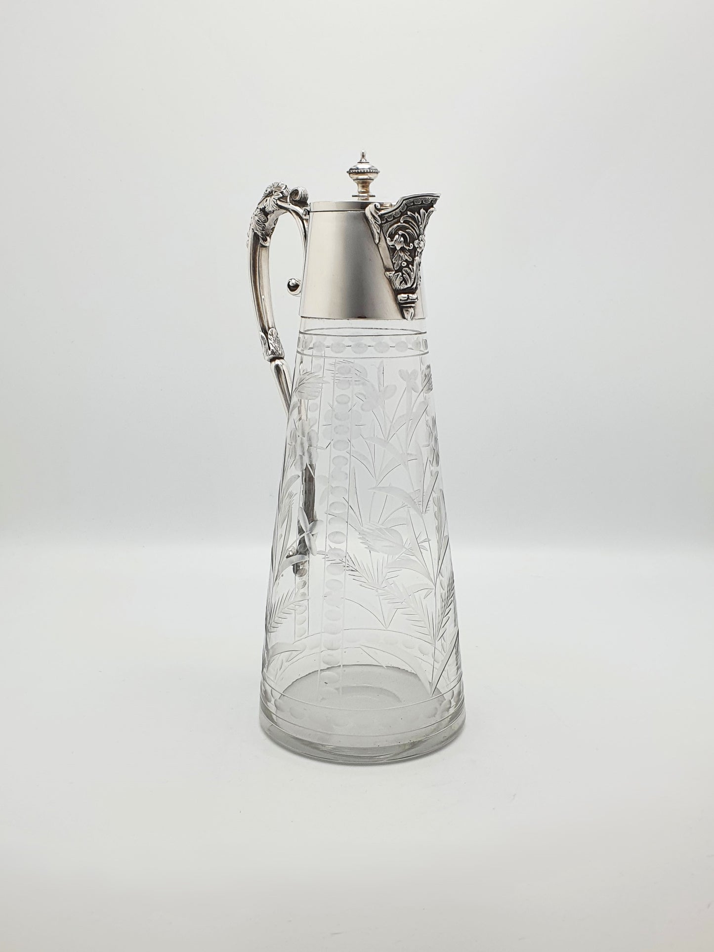 Stunning Antique Mappin & Webb Etched Glass & Silver Plate Claret Jug – circa 1890