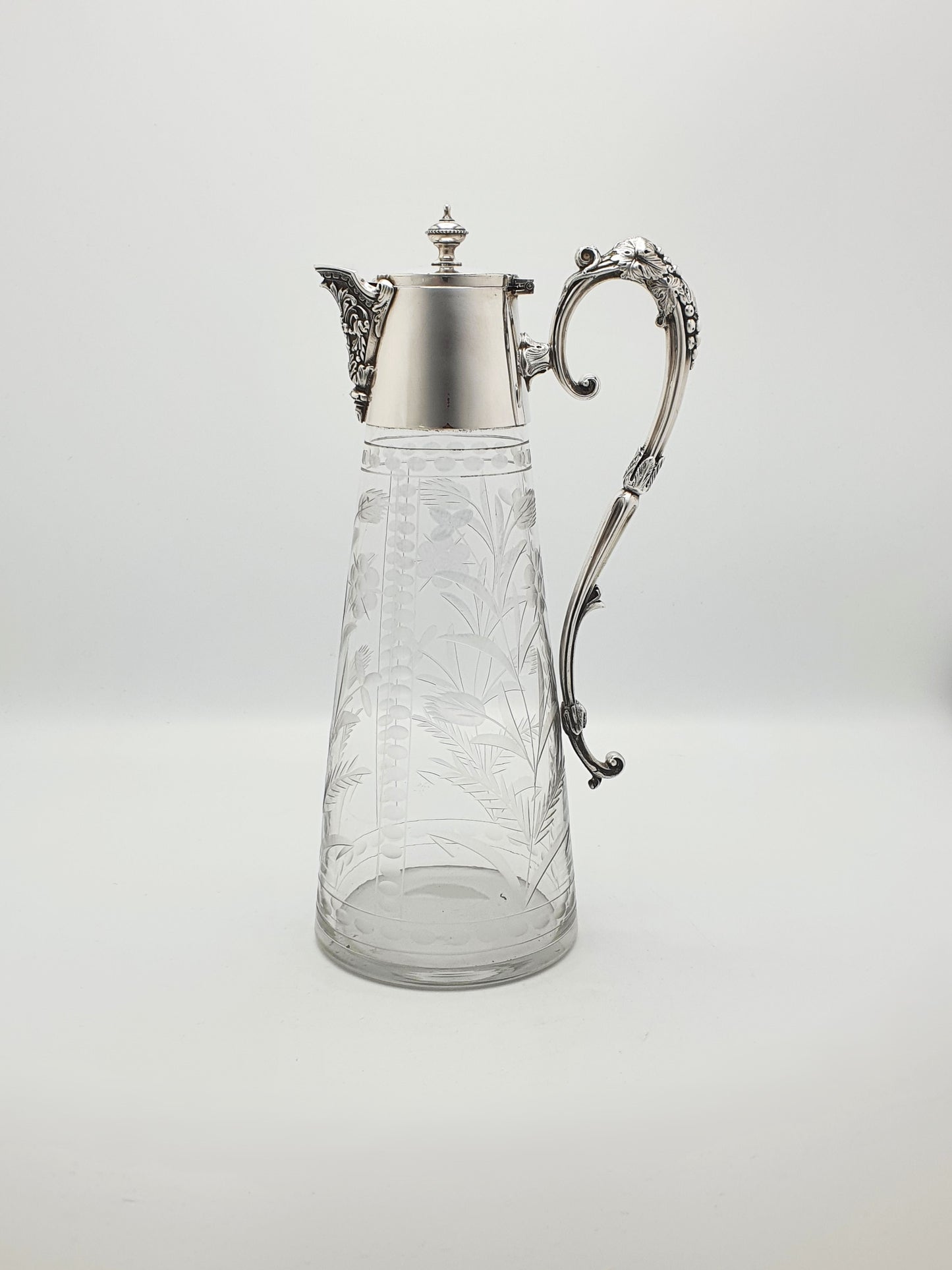 Stunning Antique Mappin & Webb Etched Glass & Silver Plate Claret Jug – circa 1890