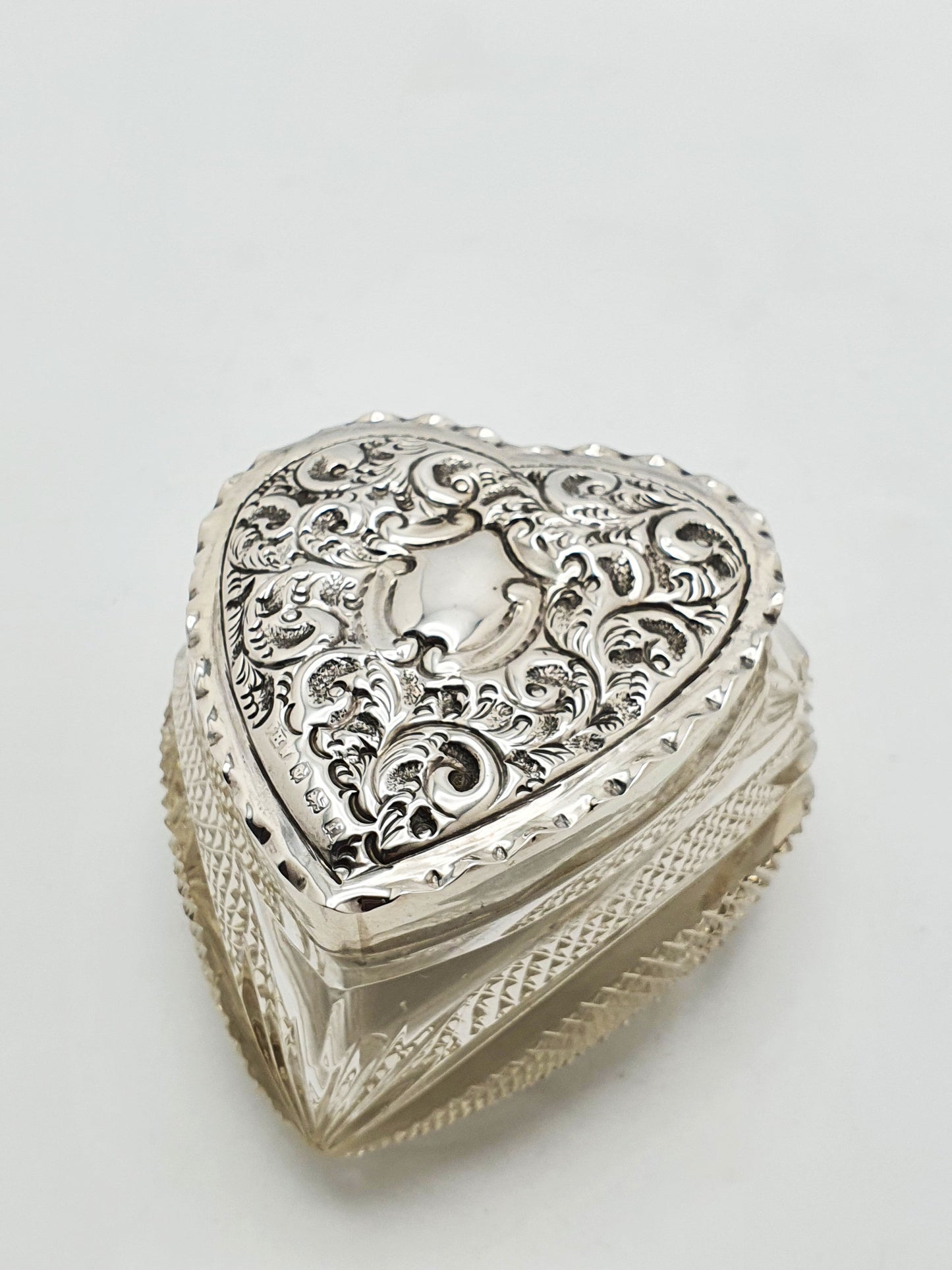 Gorgeous Edwardian Heart-Shaped Cut Glass & Sterling Silver Box - 1905