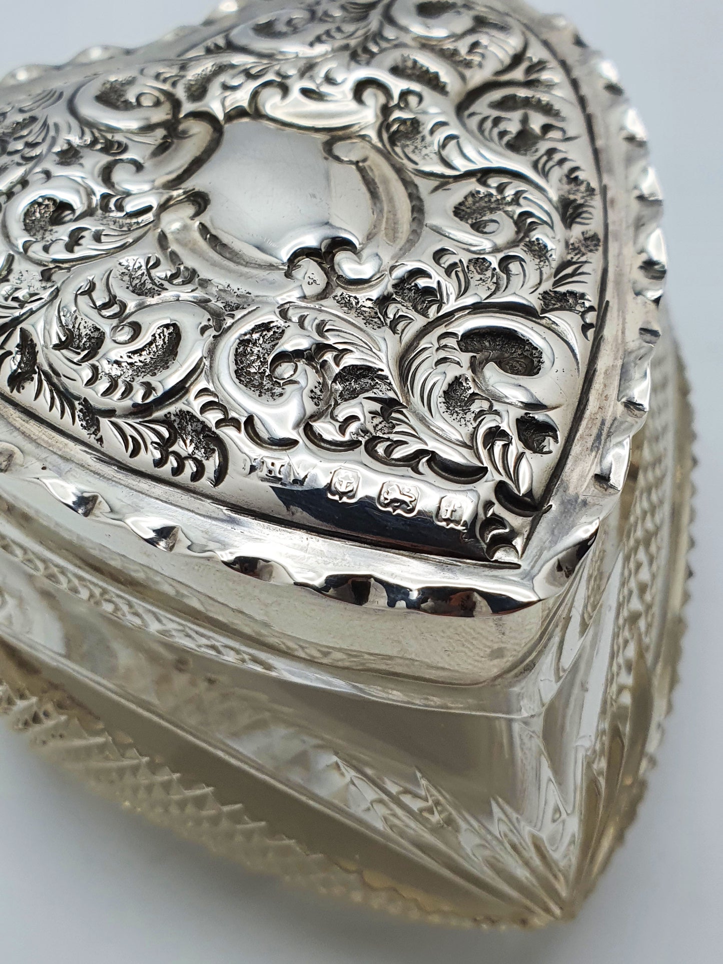 Gorgeous Edwardian Heart-Shaped Cut Glass & Sterling Silver Box - 1905