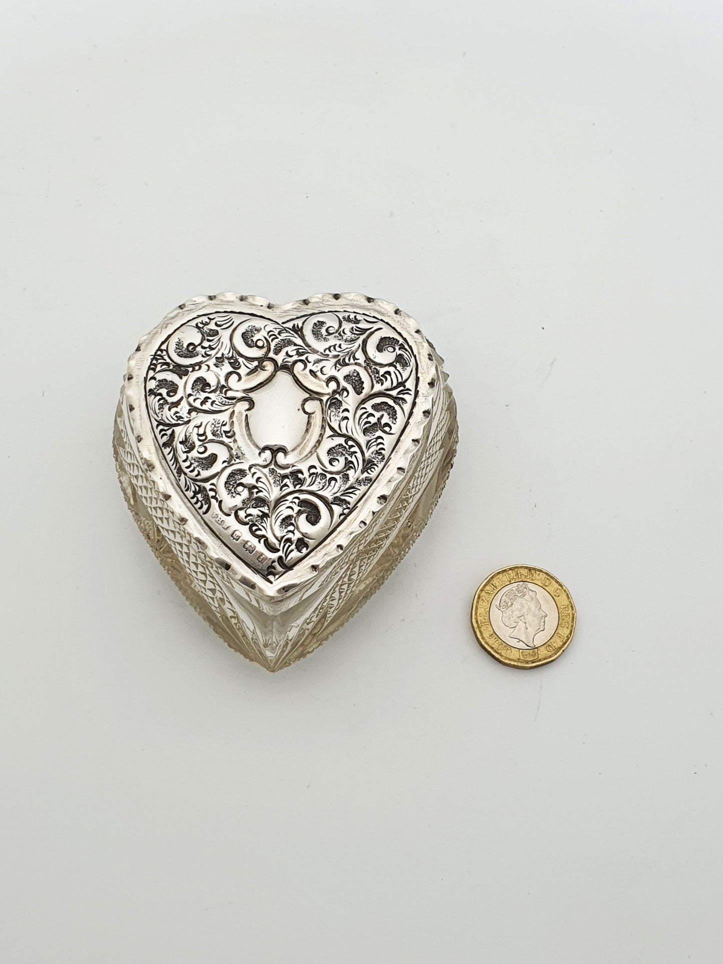 Gorgeous Edwardian Heart-Shaped Cut Glass & Sterling Silver Box - 1905