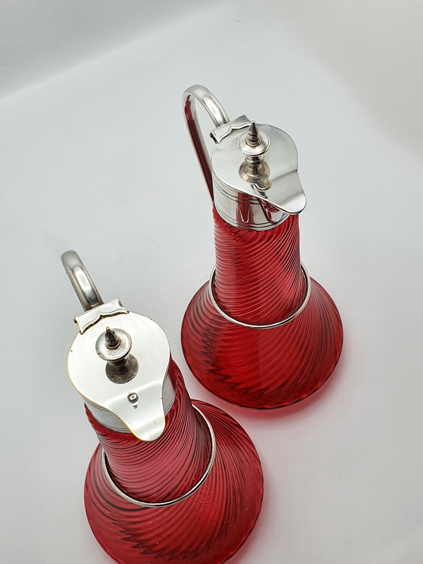 Striking Pair of Victorian Cranberry Glass Claret Jugs – circa 1890