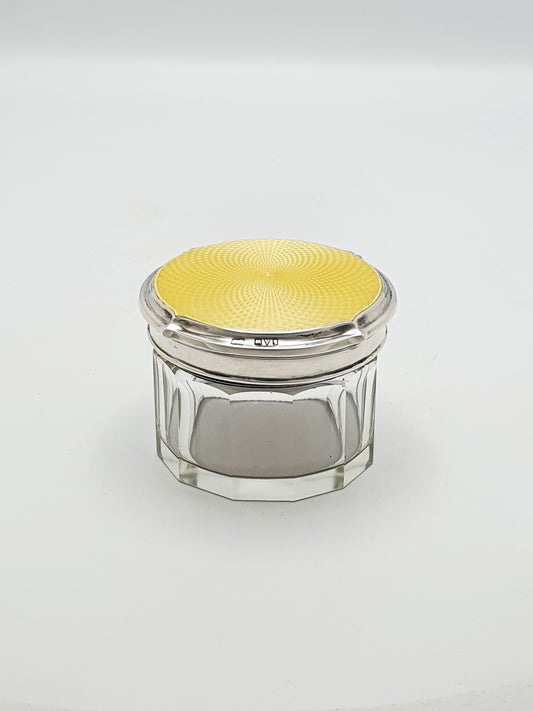 Gorgeous Art Deco Silver & Guilloche Enamel Lidded Glass Jar - 1926