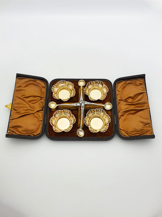 Antique Edwardian Cased Set of Four Silver-Plated Salt Cellars with Spoons – circa 1905