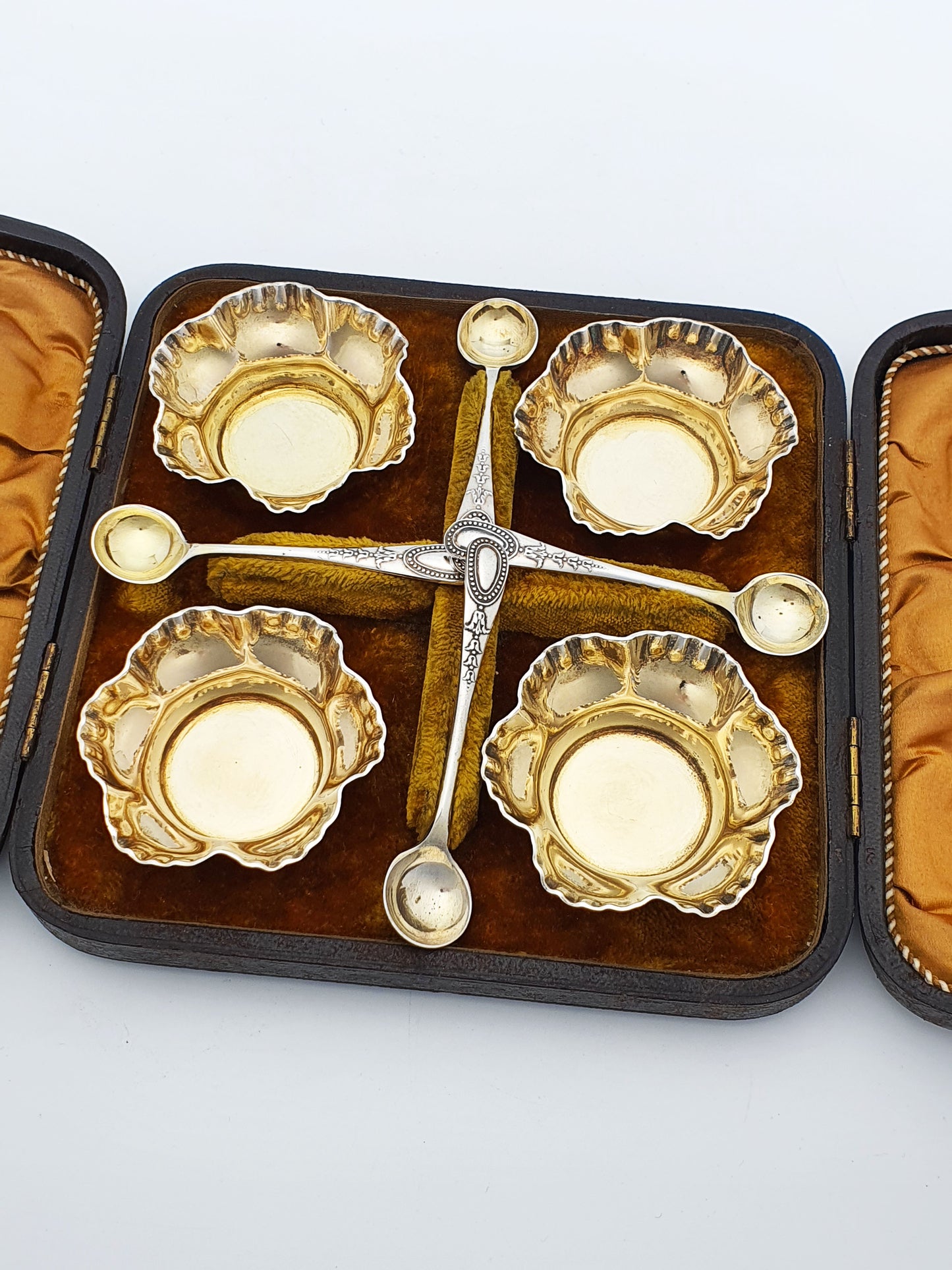 Antique Edwardian Cased Set of Four Silver-Plated Salt Cellars with Spoons – circa 1905