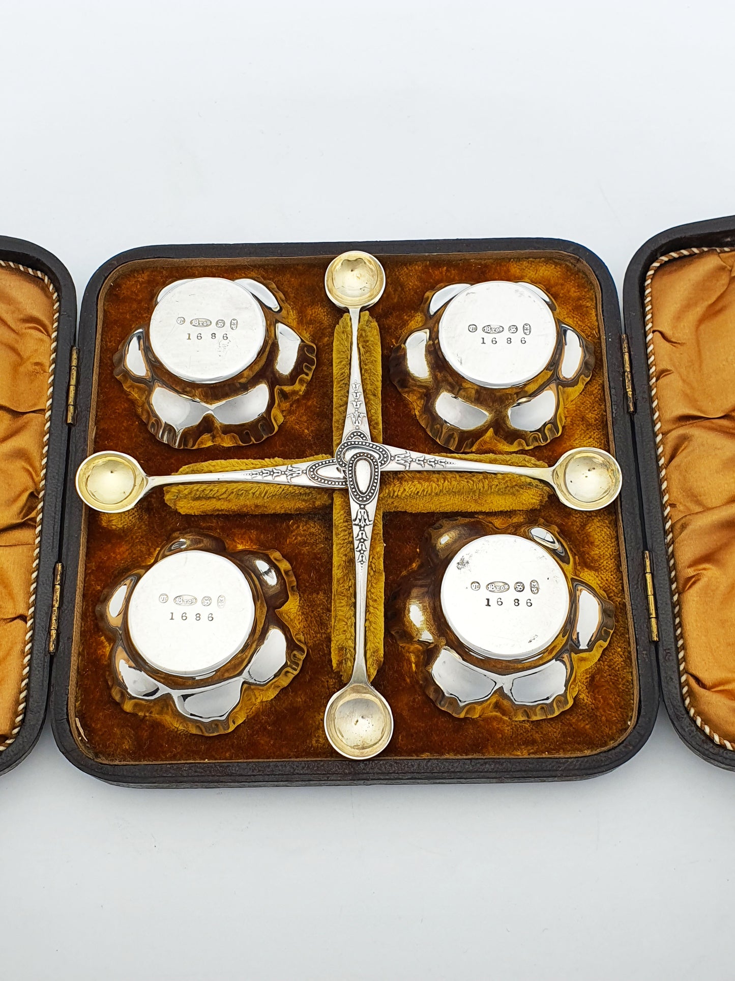 Antique Edwardian Cased Set of Four Silver-Plated Salt Cellars with Spoons – circa 1905