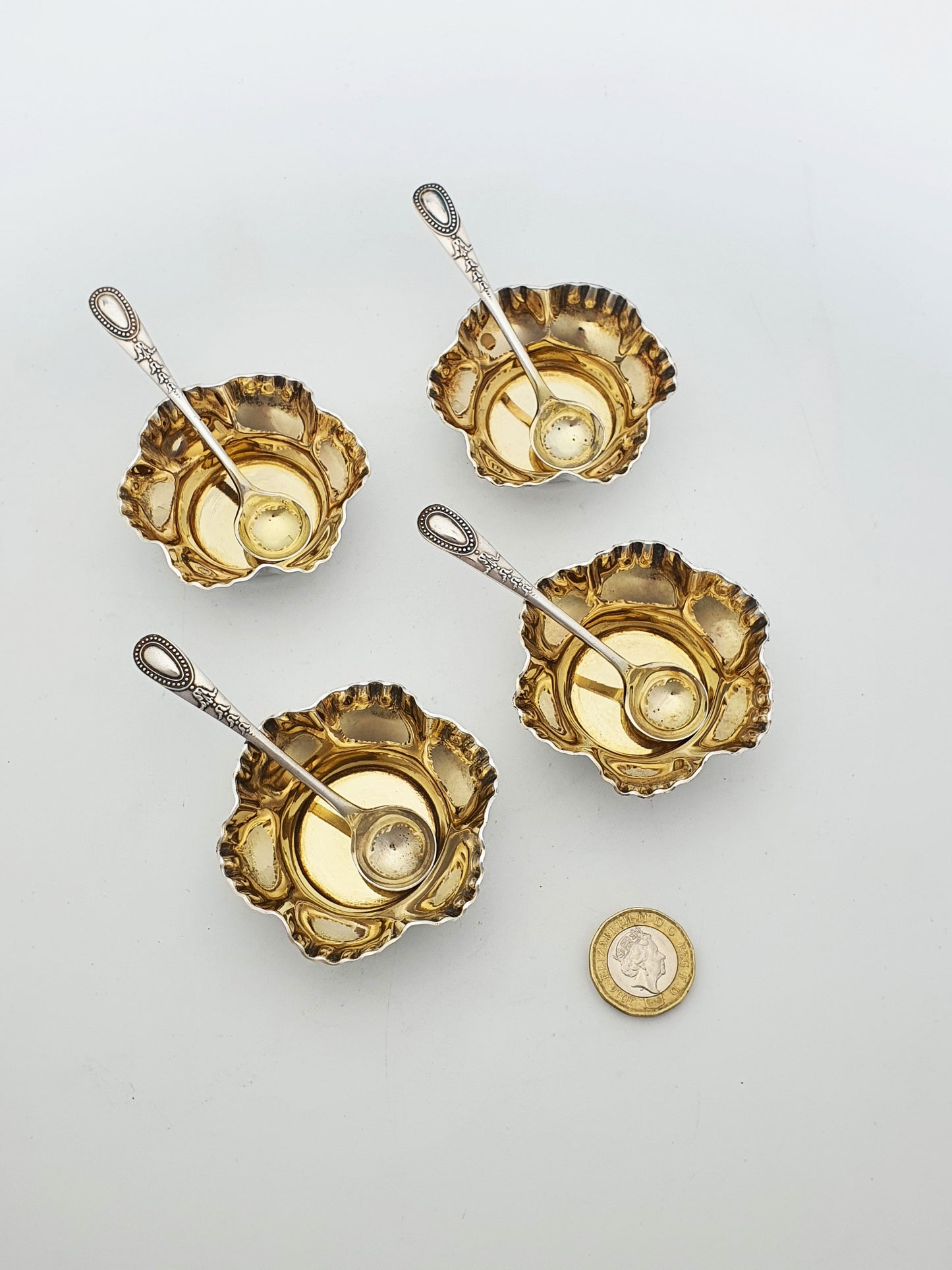 Antique Edwardian Cased Set of Four Silver-Plated Salt Cellars with Spoons – circa 1905