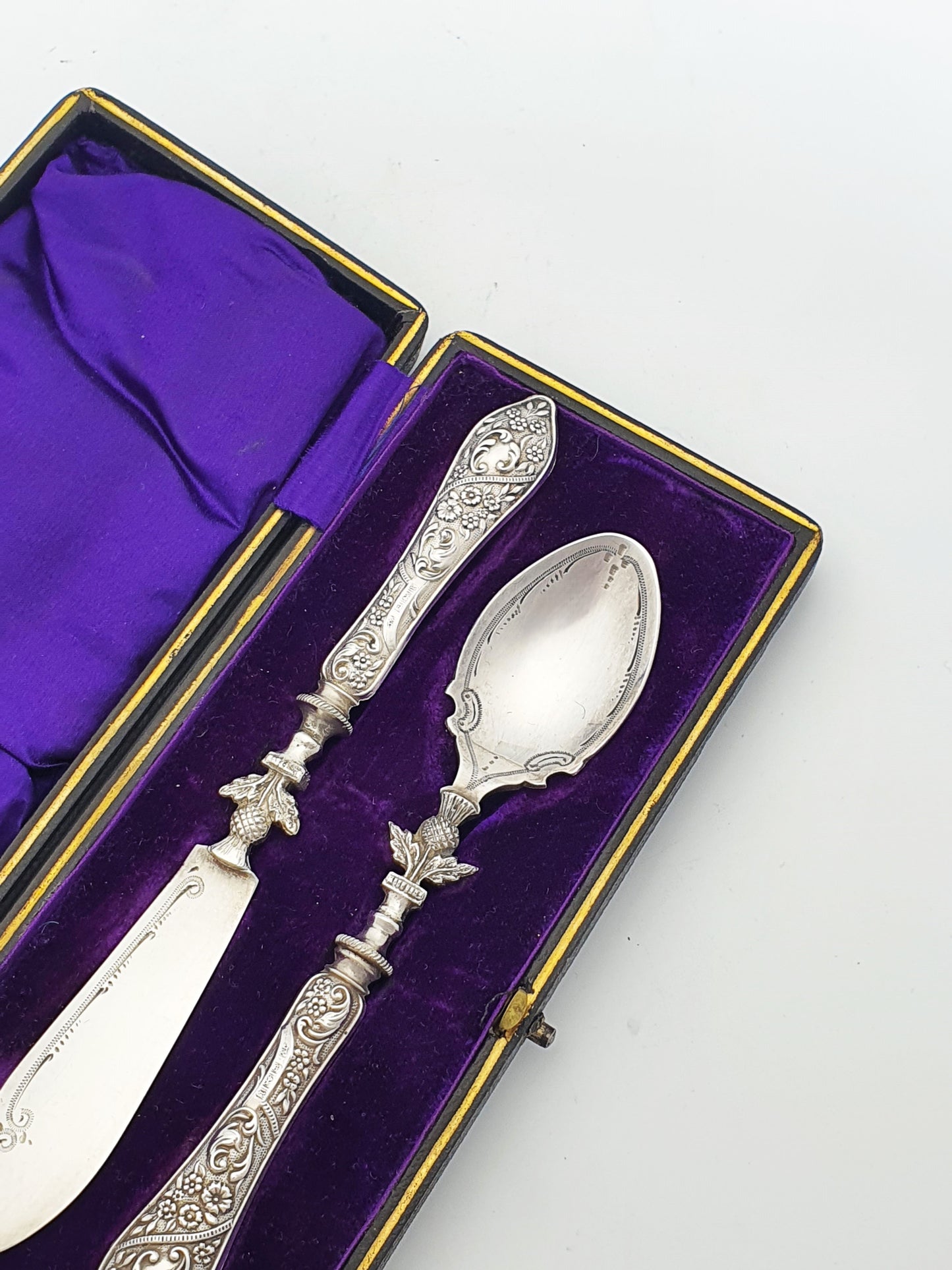 Antique Silver Handled Jam and Butter Serving Set with Scottish Thistle Motifs - 1909