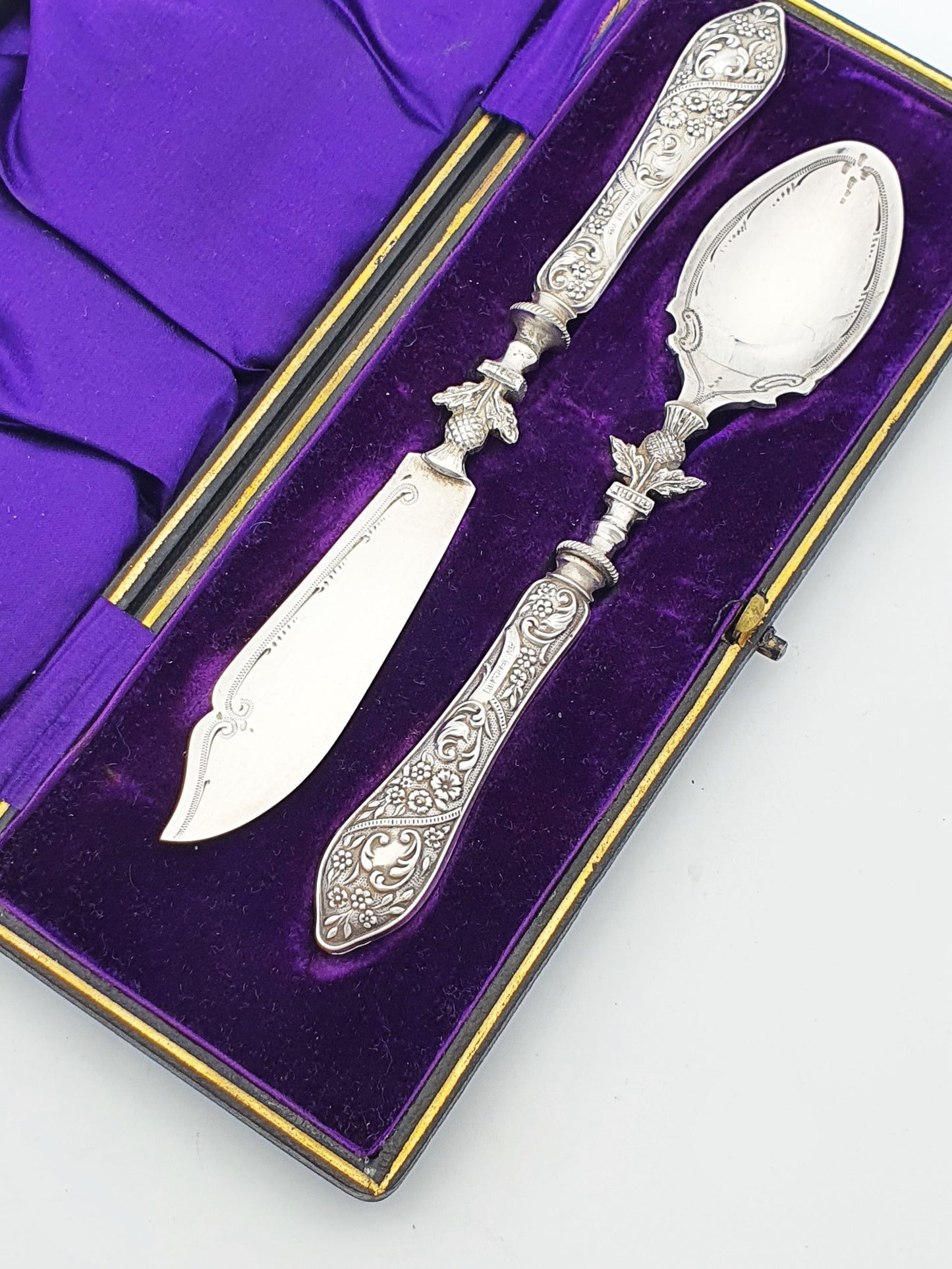 Antique Silver Handled Jam and Butter Serving Set with Scottish Thistle Motifs - 1909