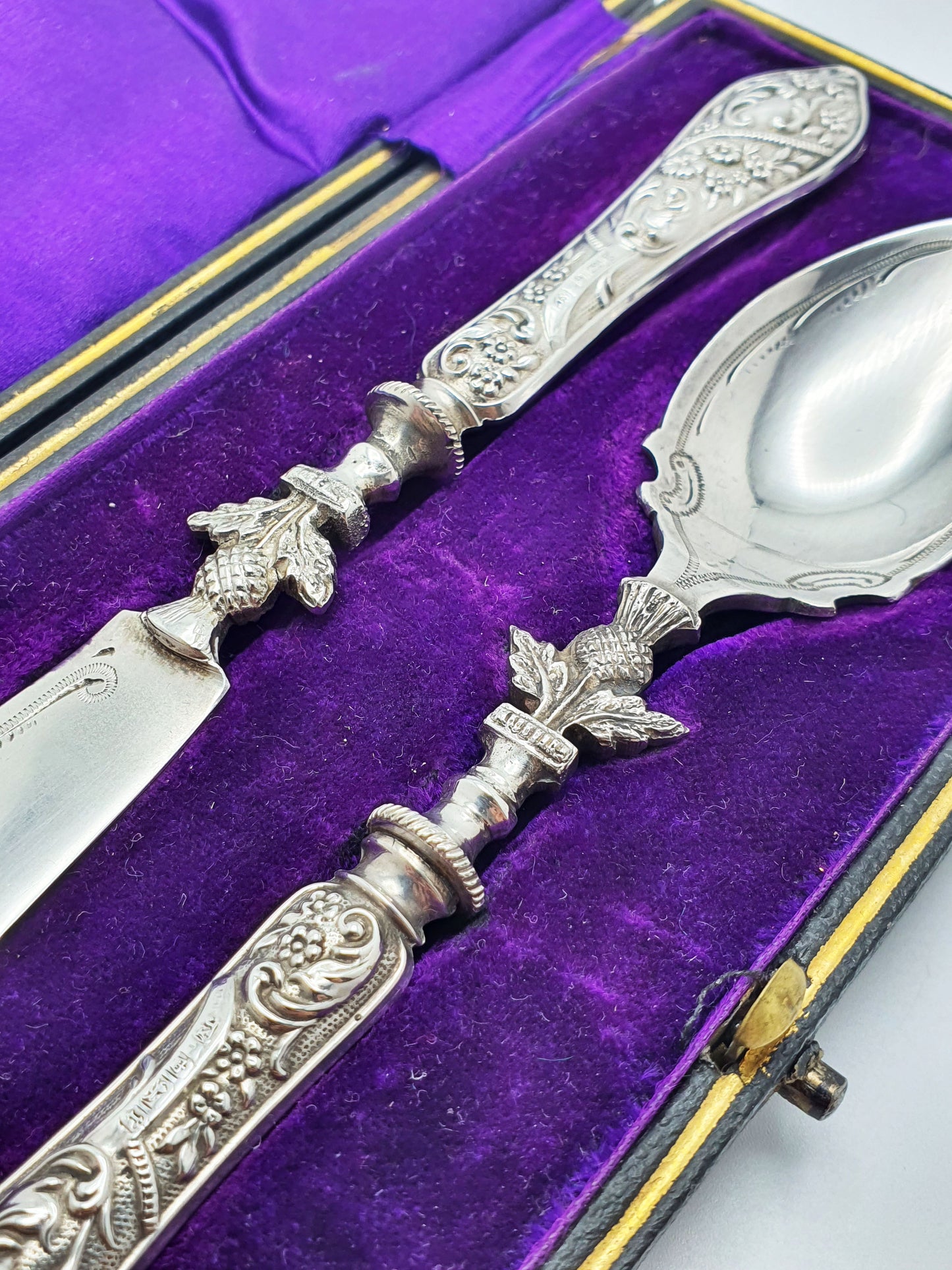 Antique Silver Handled Jam and Butter Serving Set with Scottish Thistle Motifs - 1909