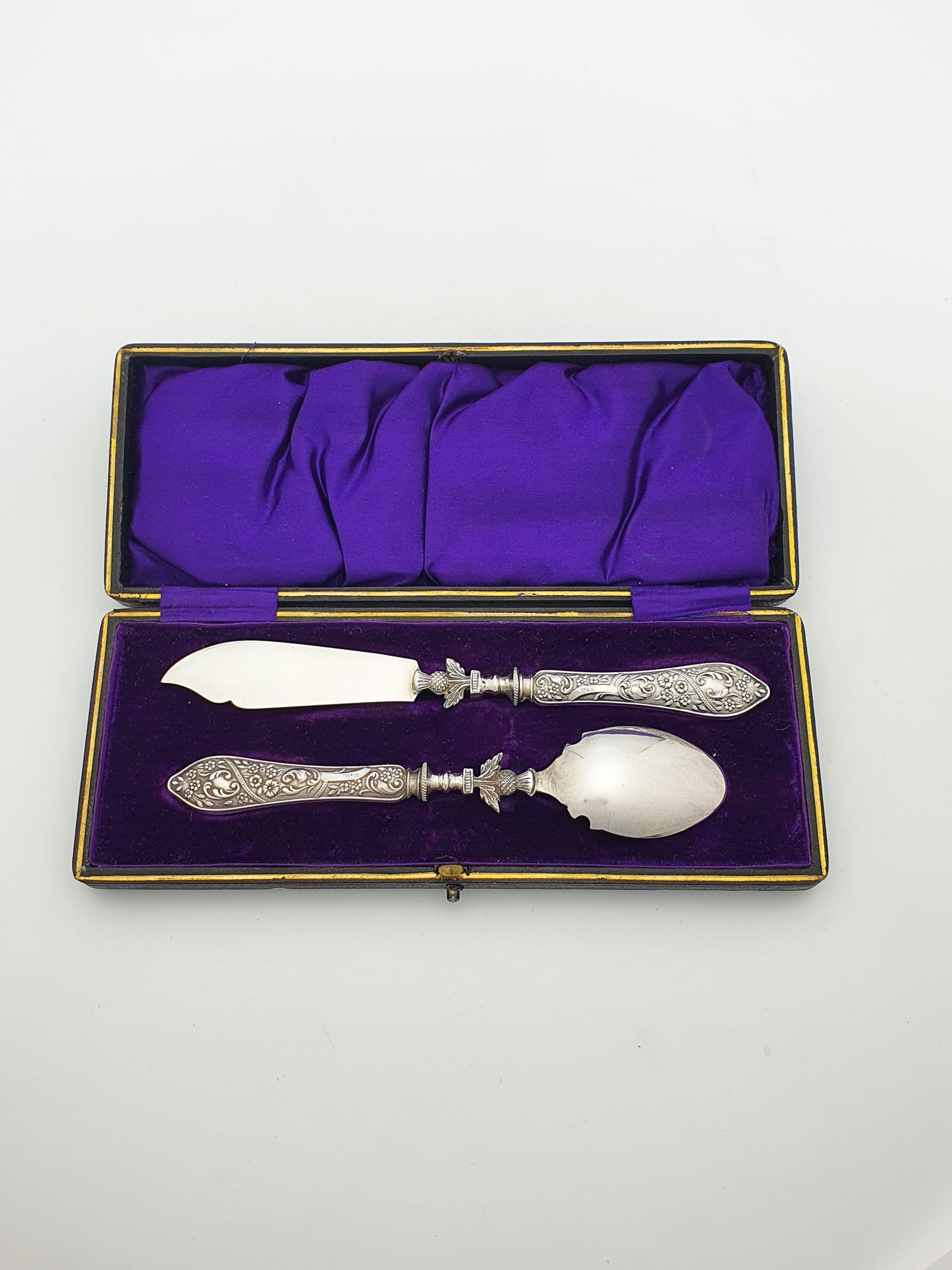 Antique Silver Handled Jam and Butter Serving Set with Scottish Thistle Motifs - 1909