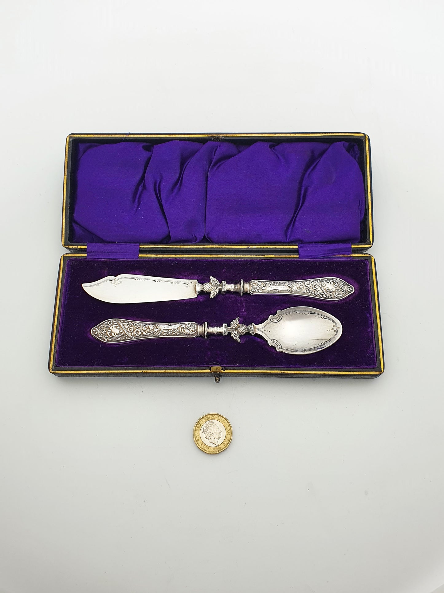 Antique Silver Handled Jam and Butter Serving Set with Scottish Thistle Motifs - 1909