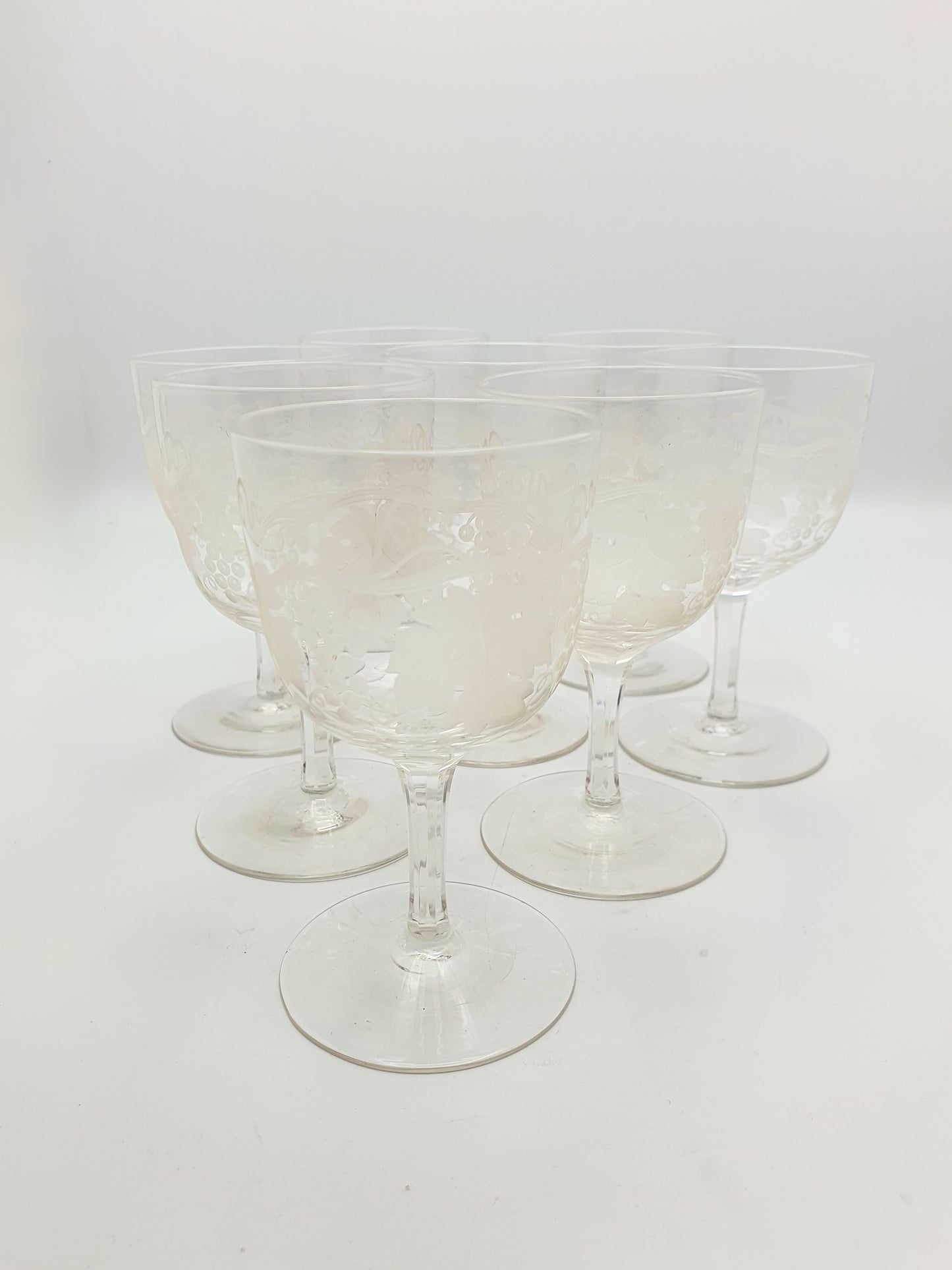 Set of Eight Antique Glass Wine Goblets with Vine and Grape Decoration – circa 1905