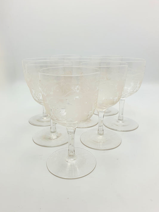 Set of Eight Antique Glass Wine Goblets with Vine and Grape Decoration – circa 1905