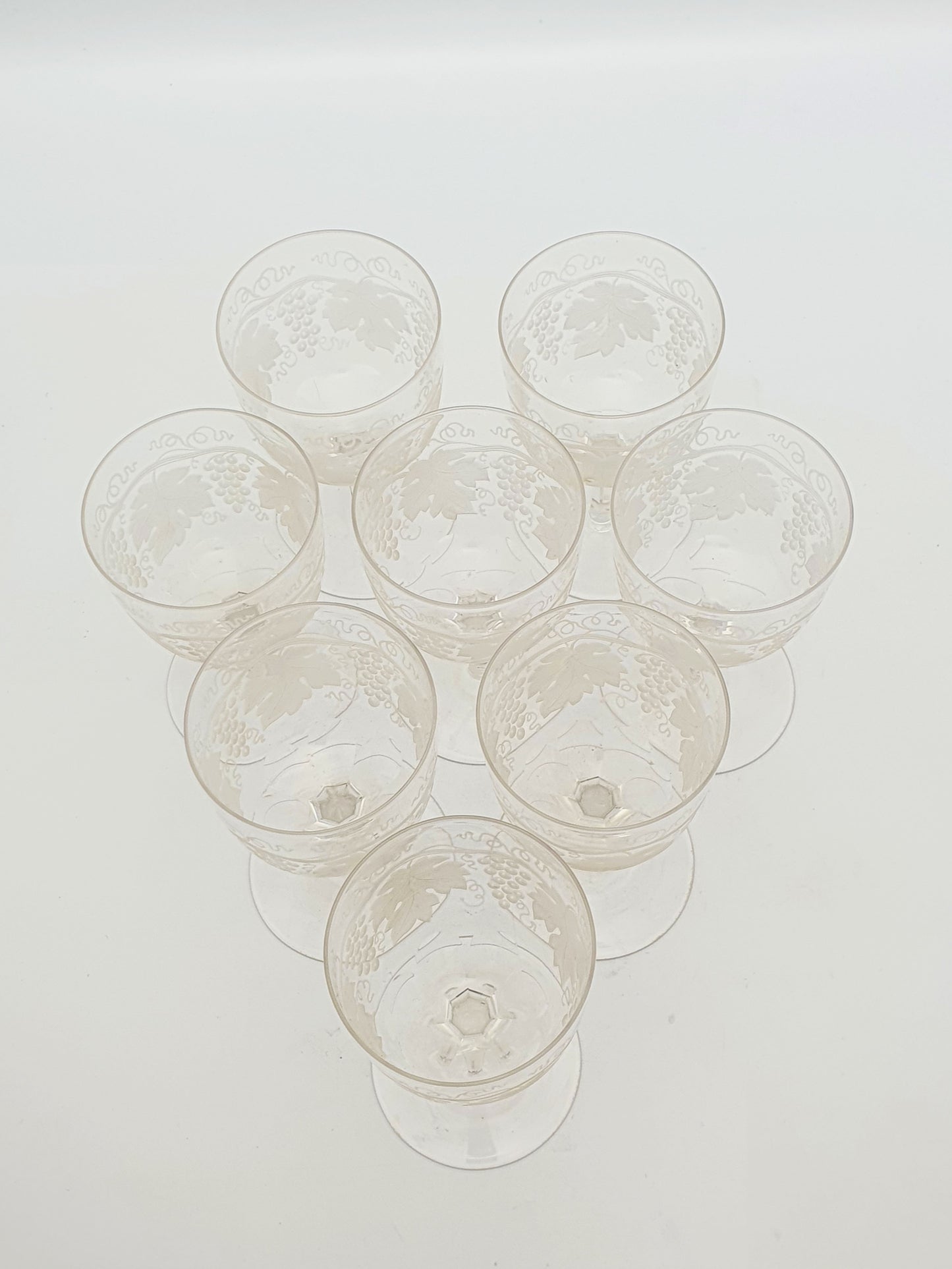 Set of Eight Antique Glass Wine Goblets with Vine and Grape Decoration – circa 1905