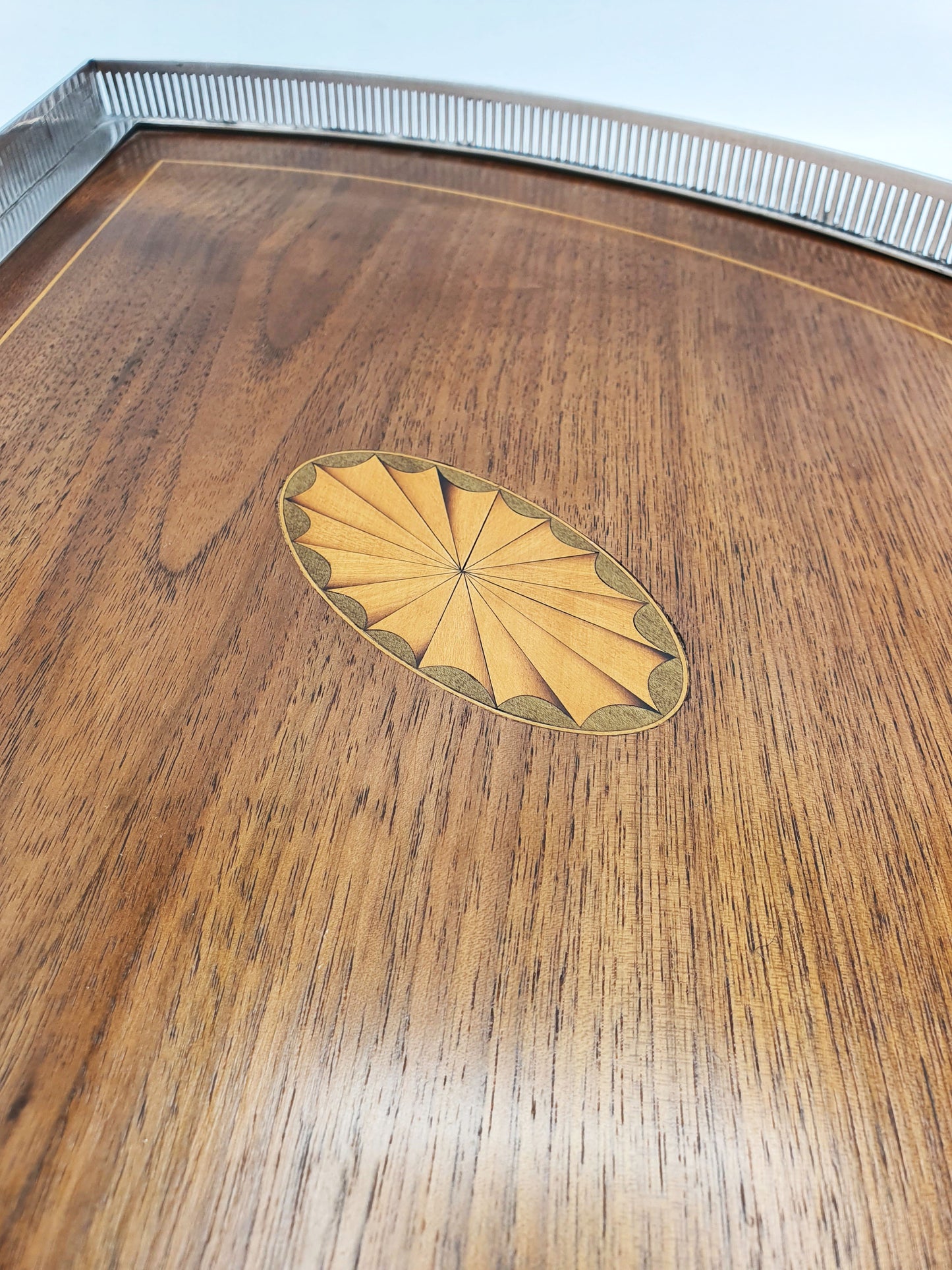 Exceptional Antique Edwardian Silver-Plated & Inlaid Mahogany Drinks Tray – circa 1905