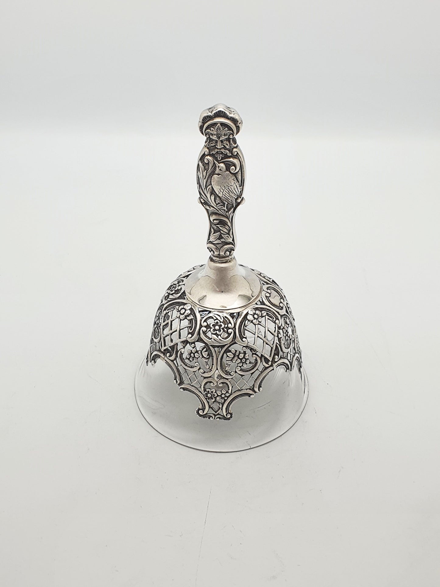 Rare Sterling Silver and Glass Table Bell with Ornate Figural Handle - 1896