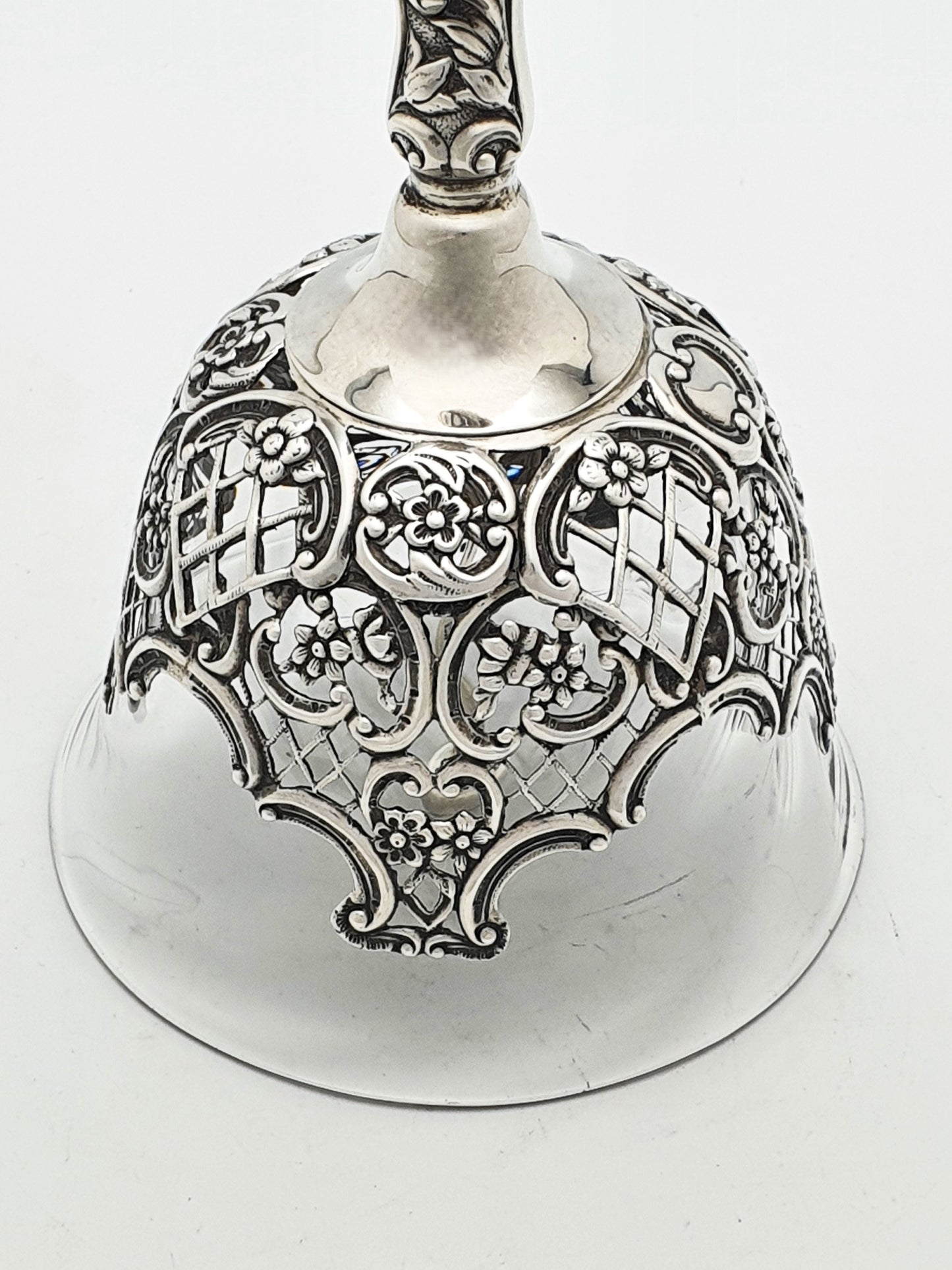 Rare Sterling Silver and Glass Table Bell with Ornate Figural Handle - 1896