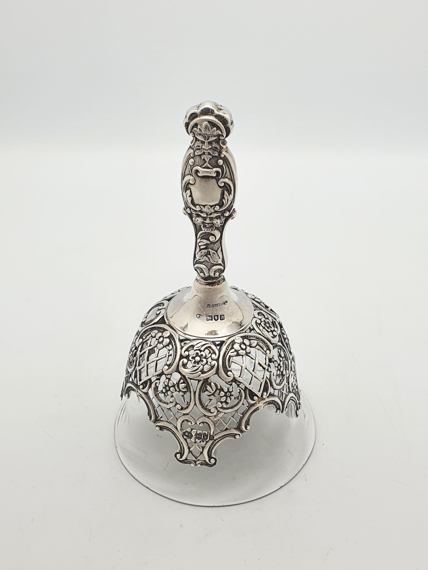 Rare Sterling Silver and Glass Table Bell with Ornate Figural Handle - 1896