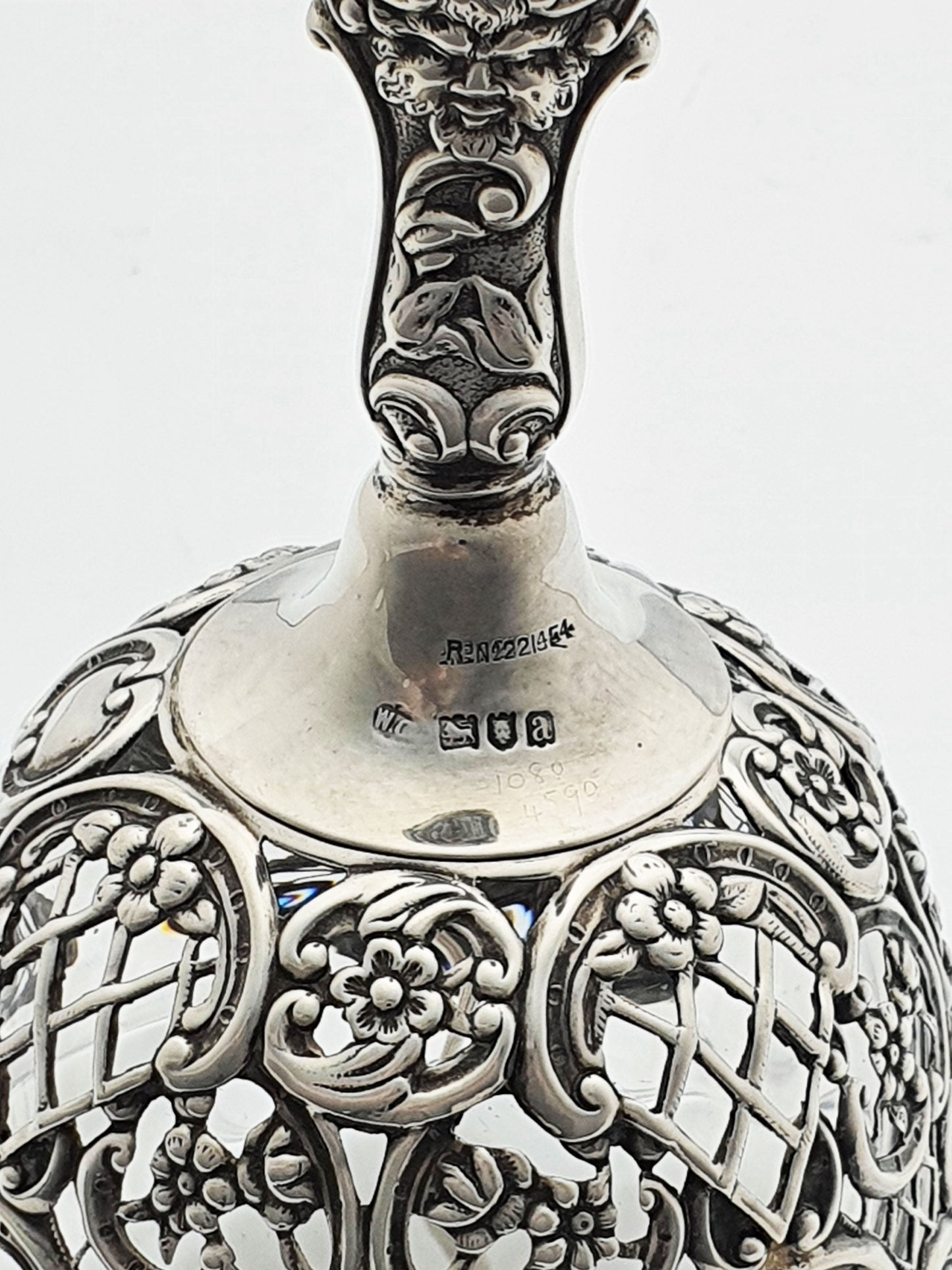 Rare Sterling Silver and Glass Table Bell with Ornate Figural Handle - 1896