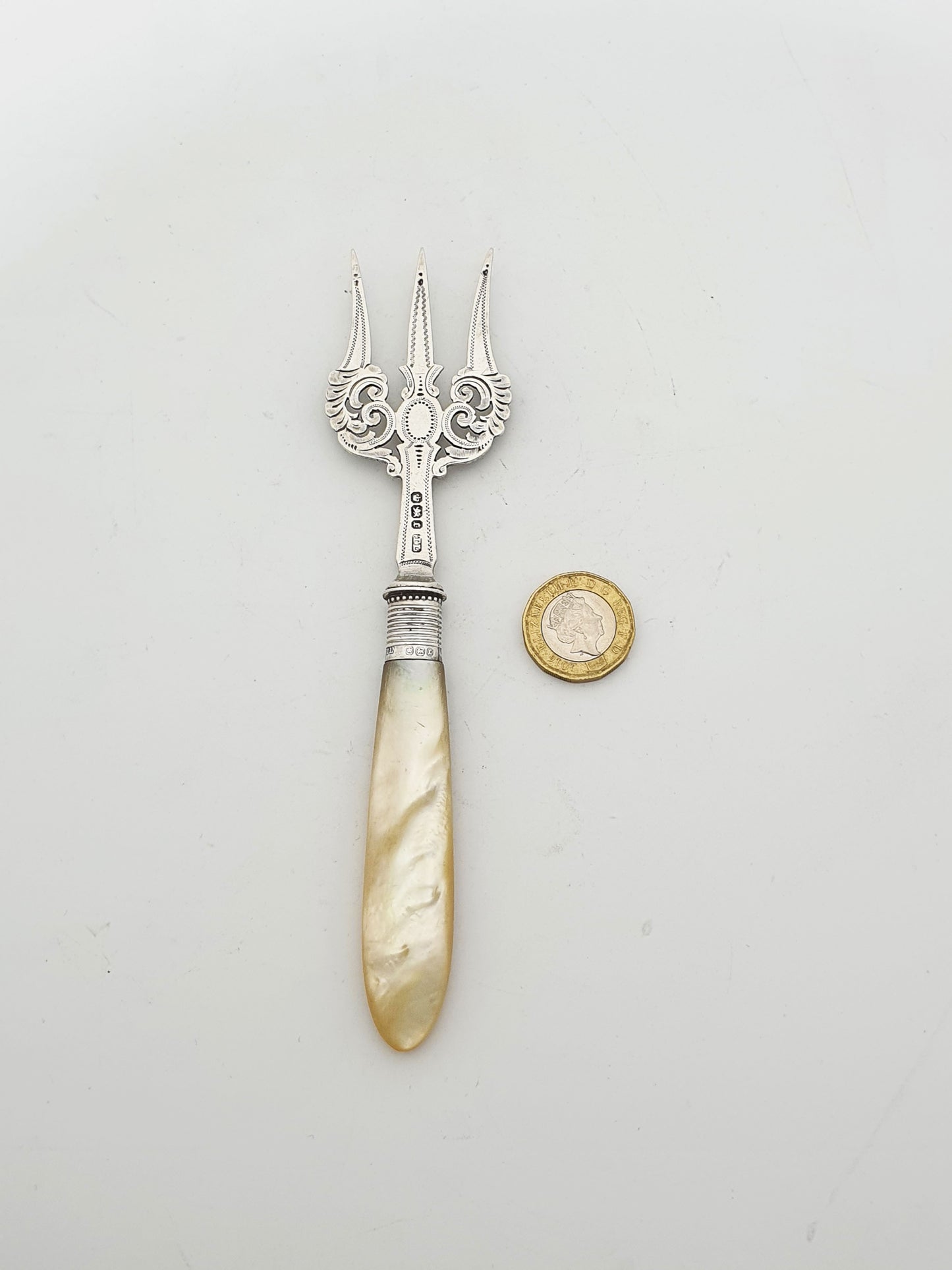 Nice Antique Victorian Sterling Silver & Mother-of-Pearl Serving Fork - 1895