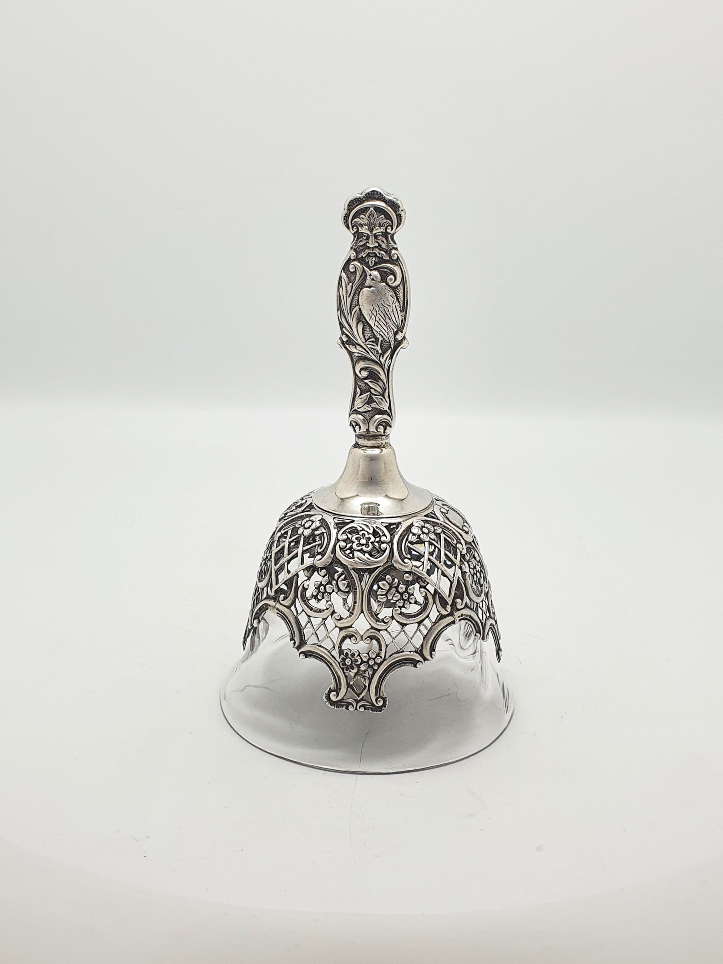 Rare Sterling Silver and Glass Table Bell with Ornate Figural Handle - 1896