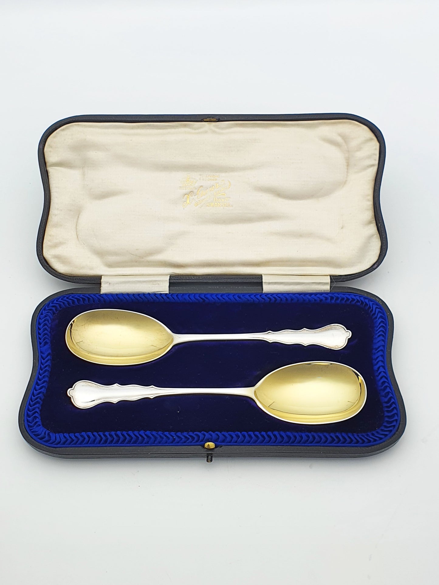 Good Pair of Cased Antique Sterling Silver & Gilt Serving Spoons - 1910