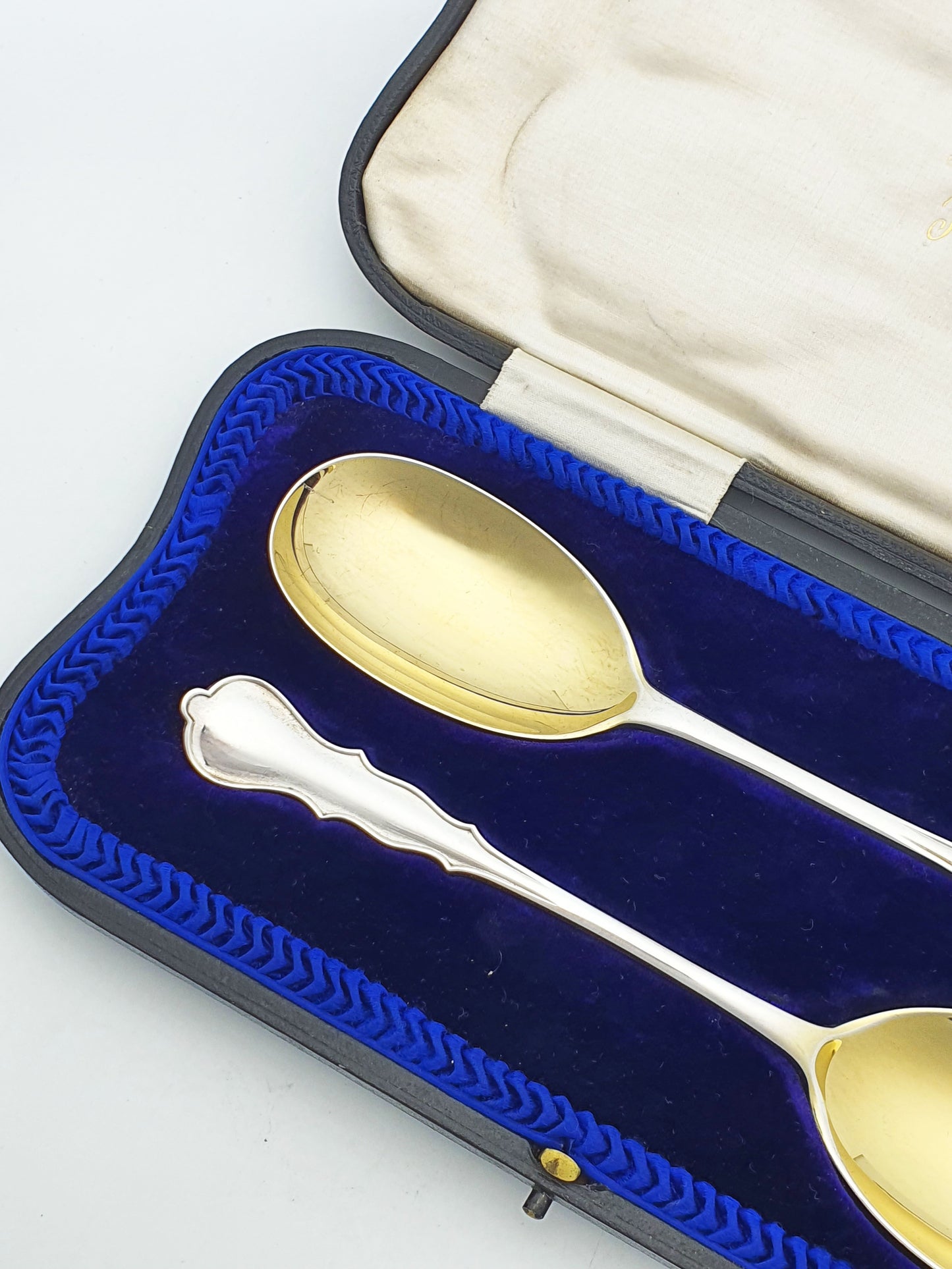 Good Pair of Cased Antique Sterling Silver & Gilt Serving Spoons - 1910