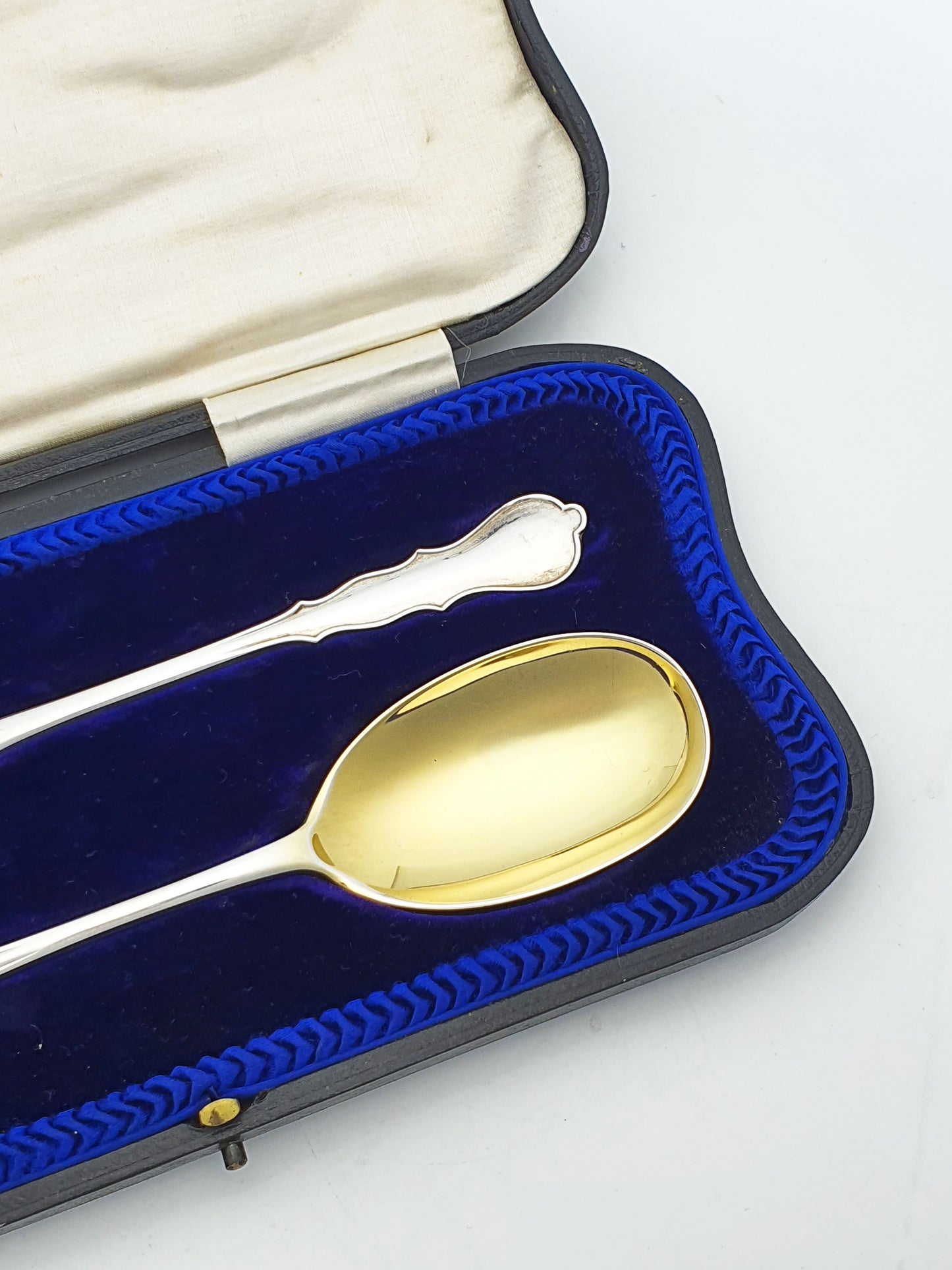 Good Pair of Cased Antique Sterling Silver & Gilt Serving Spoons - 1910