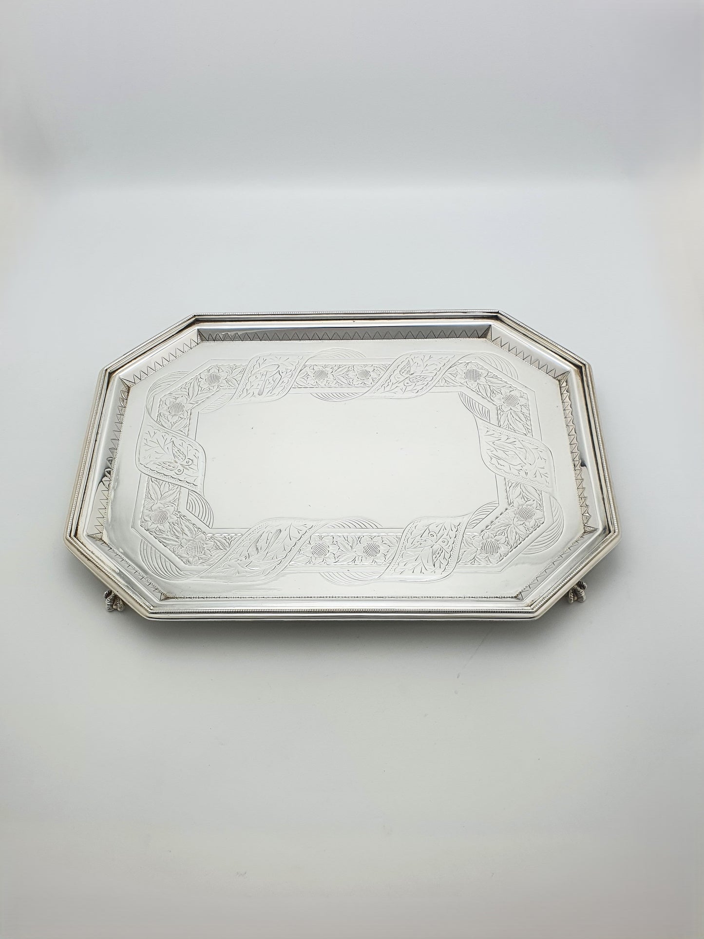 Nice Antique Oblong Silver-Plated Serving Tray with Delicate Floral Scrollwork – circa 1880