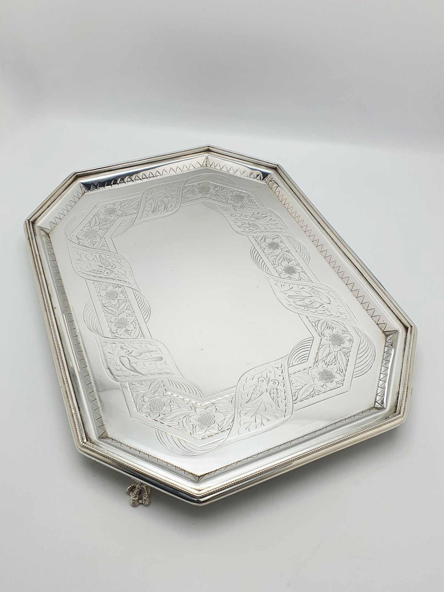 Nice Antique Oblong Silver-Plated Serving Tray with Delicate Floral Scrollwork – circa 1880