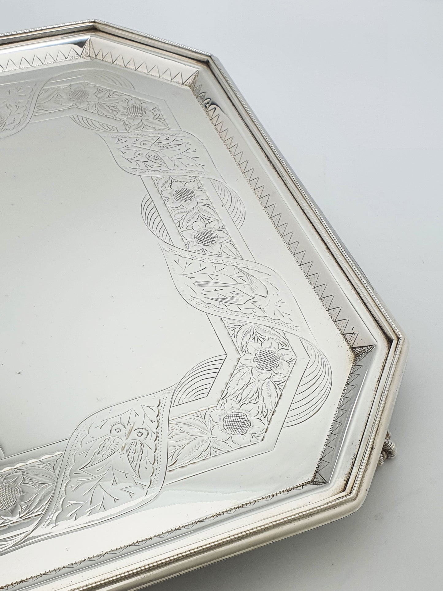Nice Antique Oblong Silver-Plated Serving Tray with Delicate Floral Scrollwork – circa 1880